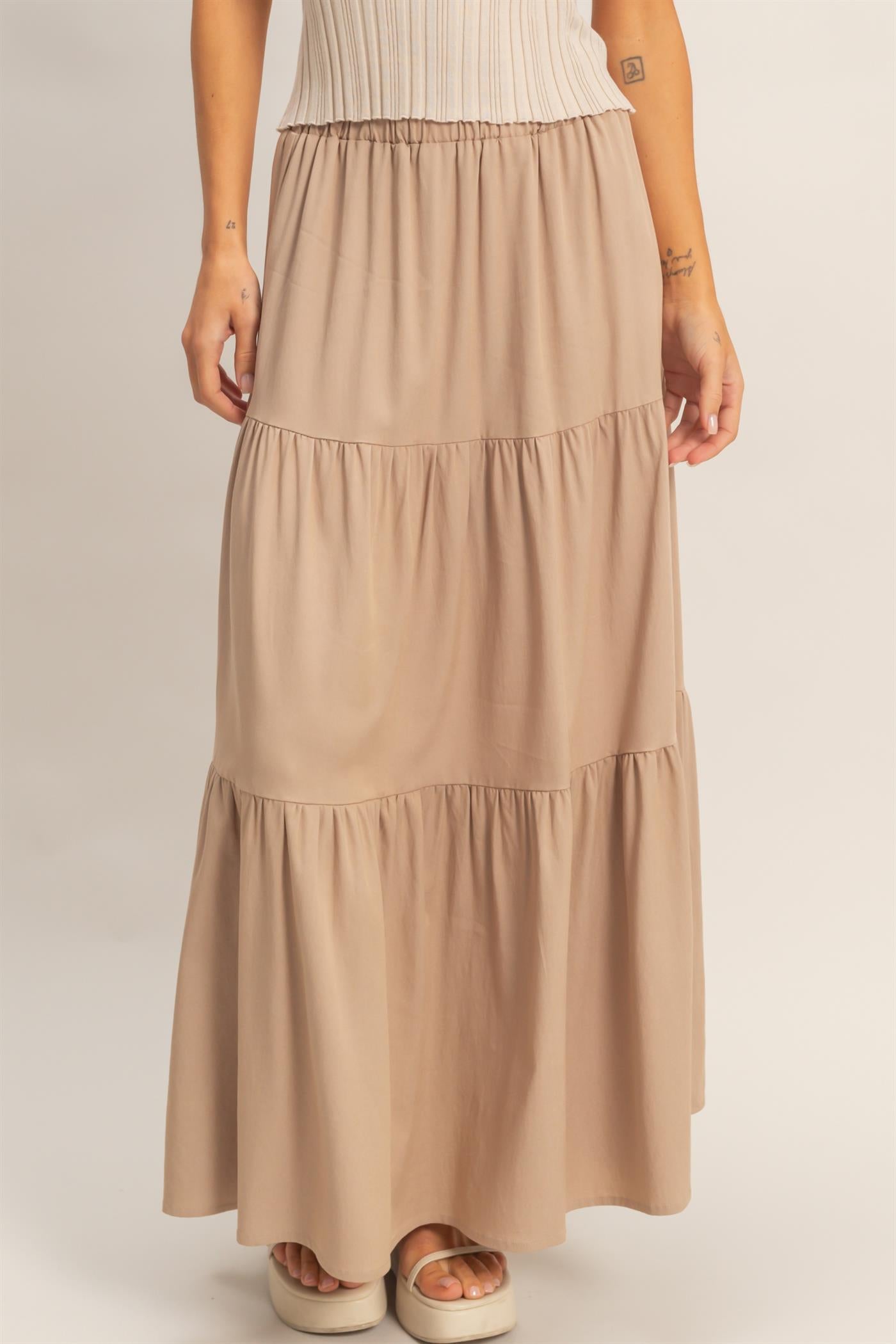 Wholesale Elastic Waist 3-Tier Skirt Skirts HF26E340-D WARM TAUPE HYFVE