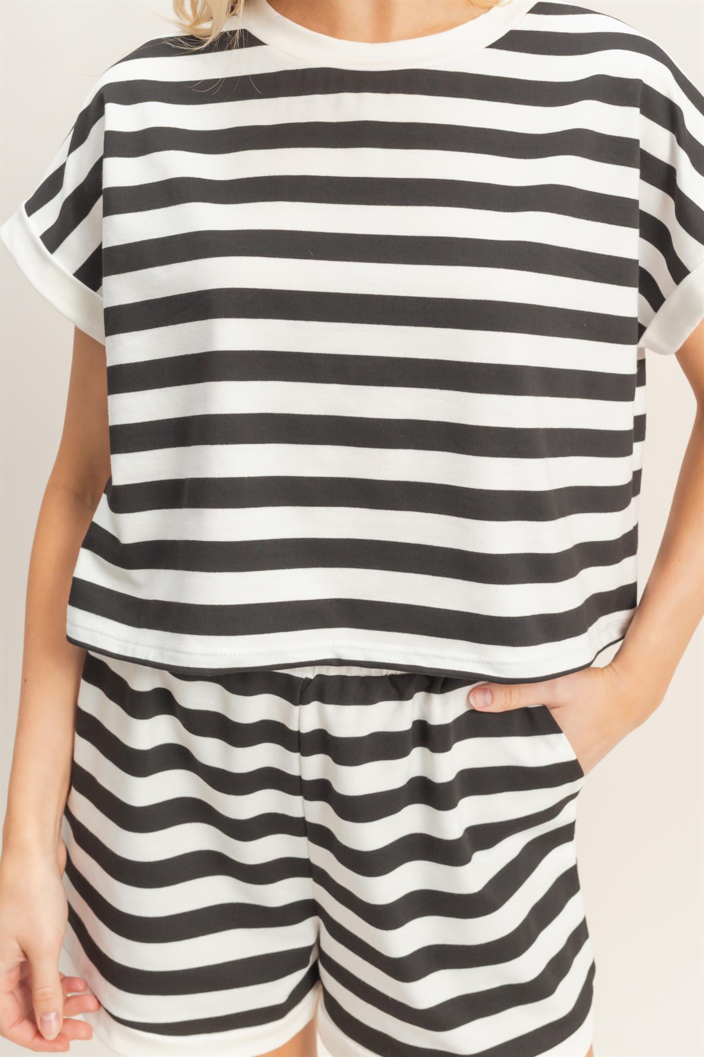 Wholesale Striped Short Sleeve Top & Shorts Set Clothing HF26C064-SET BLACK HYFVE