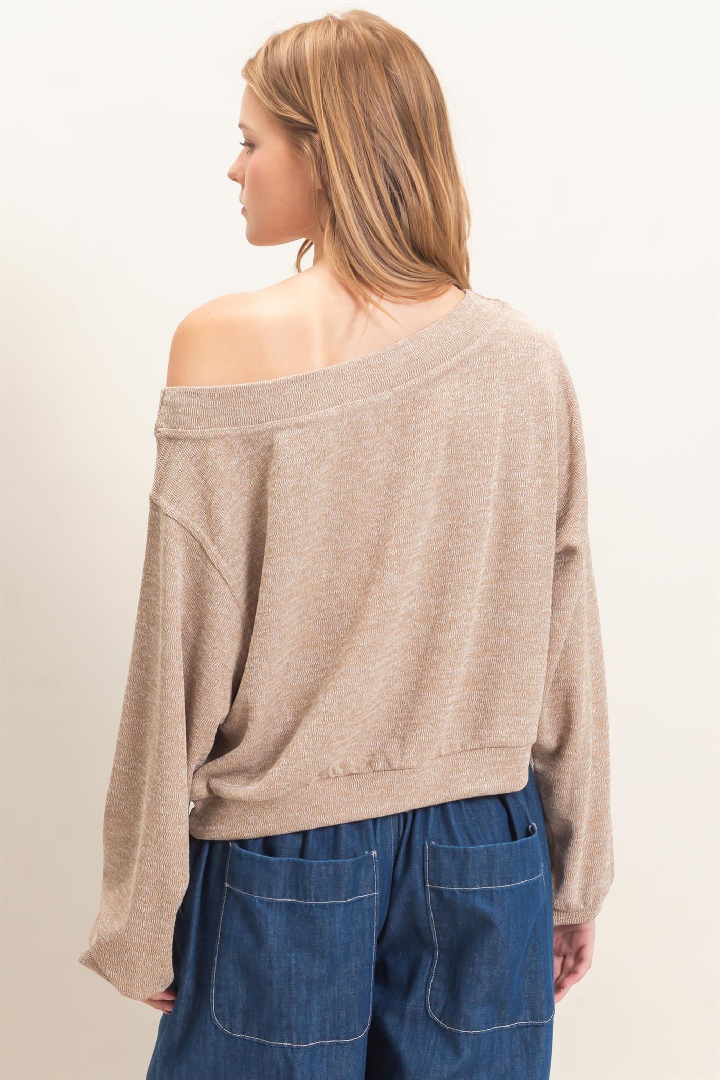 Wholesale Off Shoulder Knit Sweatshirt Blouses HF26F028 TAUPE HYFVE