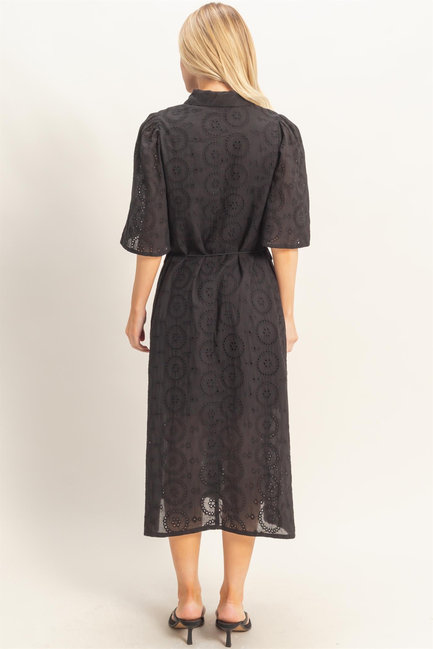 Wholesale Eyelet Collared Midi Dress Dresses HF26A021 BLACK HYFVE