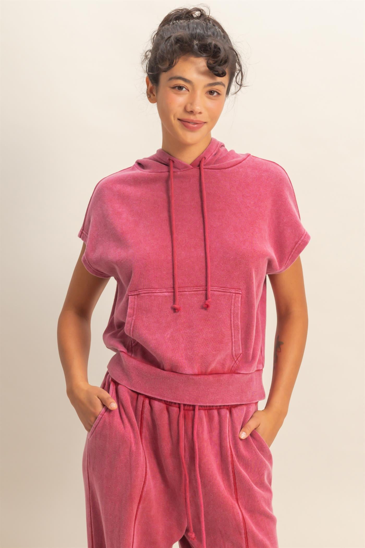 Wholesale Acid Washed Sleeveless Hooded Kangaroo Pocket Top Hoodies DZ26A411 DARK RED DOUBLE ZERO