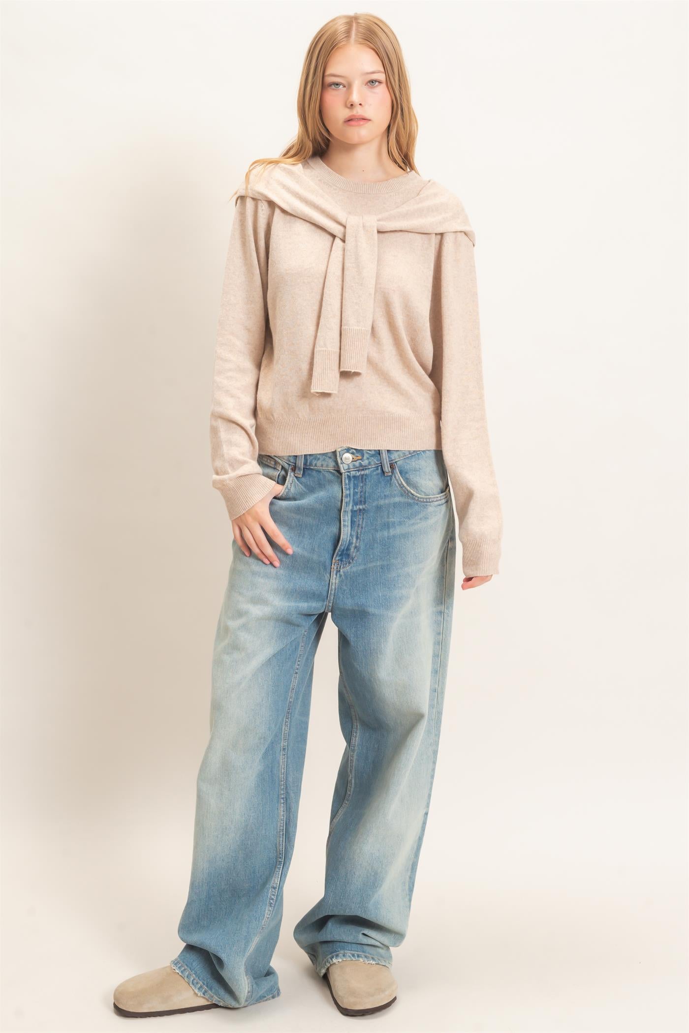 Wholesale Crew Neck Sweater With Faux Wrap Sweaters HF26E698 BEIGE HYFVE