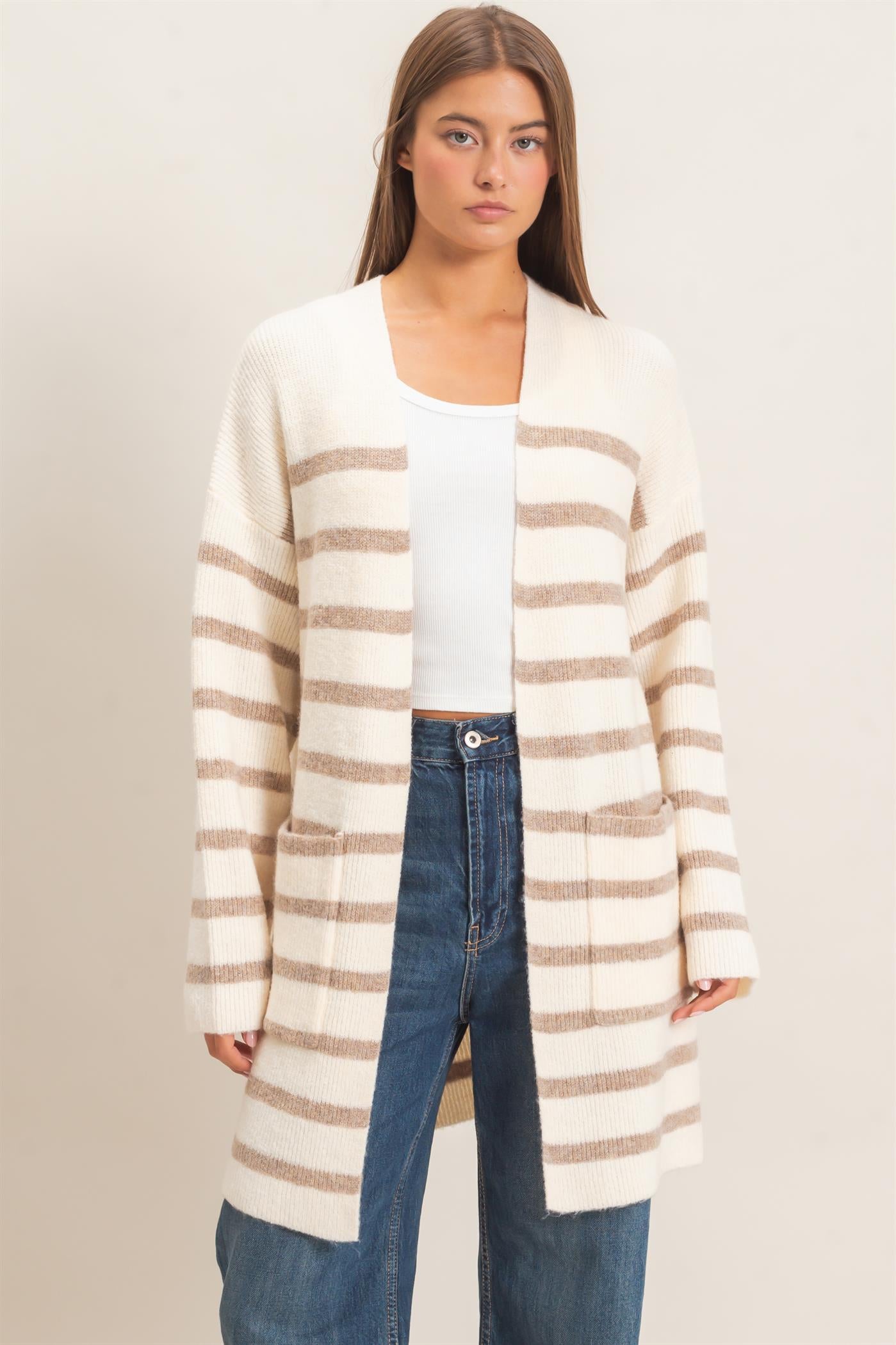 Wholesale Open Front Stripe Cardigan Cardigans DZ26C342 SAND DOUBLE ZERO