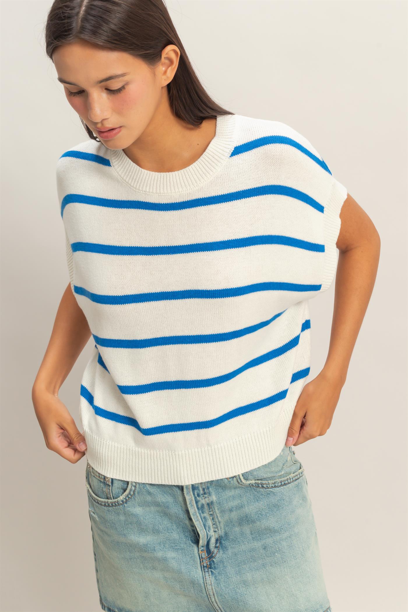 Wholesale Striped Crew Neck Knit Top Clothing Tops DZ26A740 BLUE DOUBLE ZERO