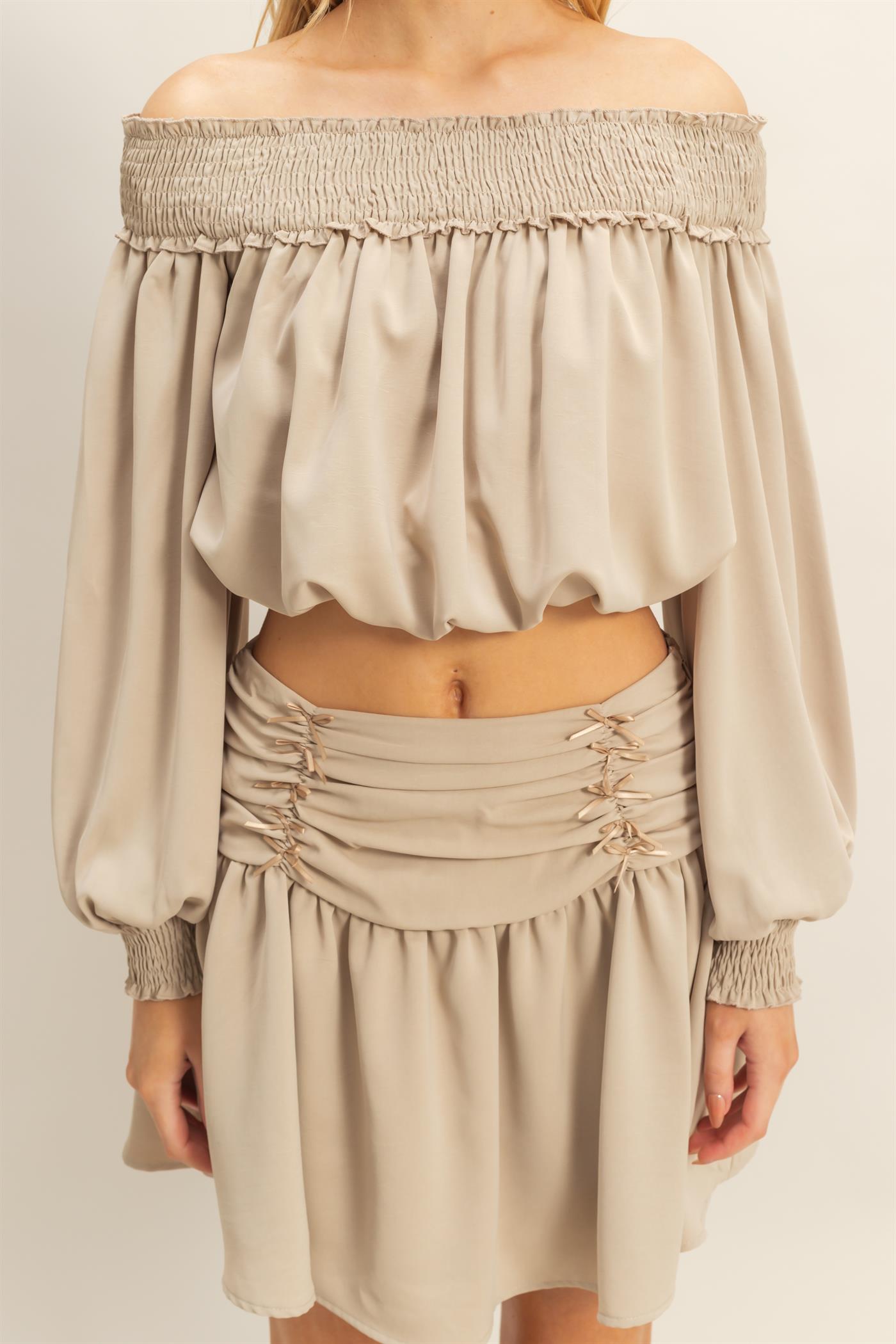 Wholesale Romantic Off Shoulder Top And Gathered Skirt Set Clothing HF25A243-SET BEIGE HYFVE