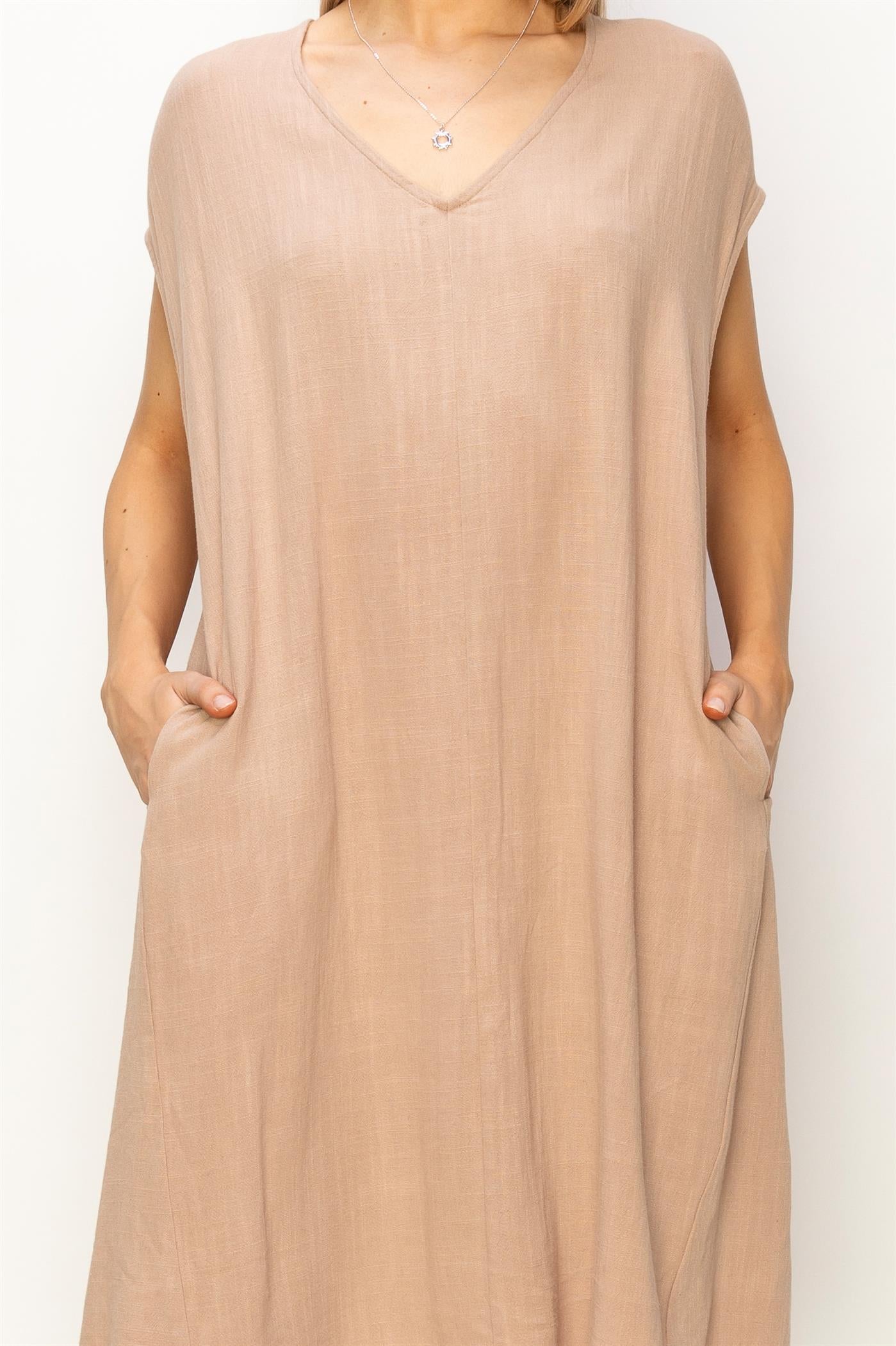 Wholesale V-Neck Oversized Linen Midi Dress Dresses DZ23E033-D TAN DOUBLE ZERO