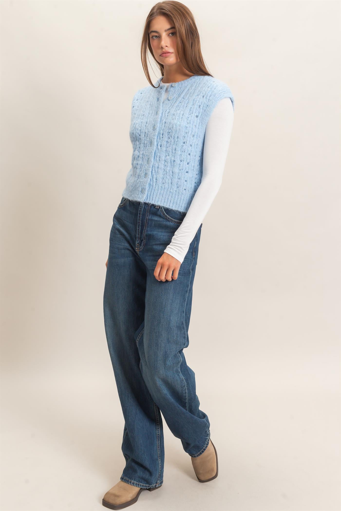 Wholesale Open Knit Sleeveless Button Front Sweater Vest Sweaters DZ26A829 ICE BLUE DOUBLE ZERO