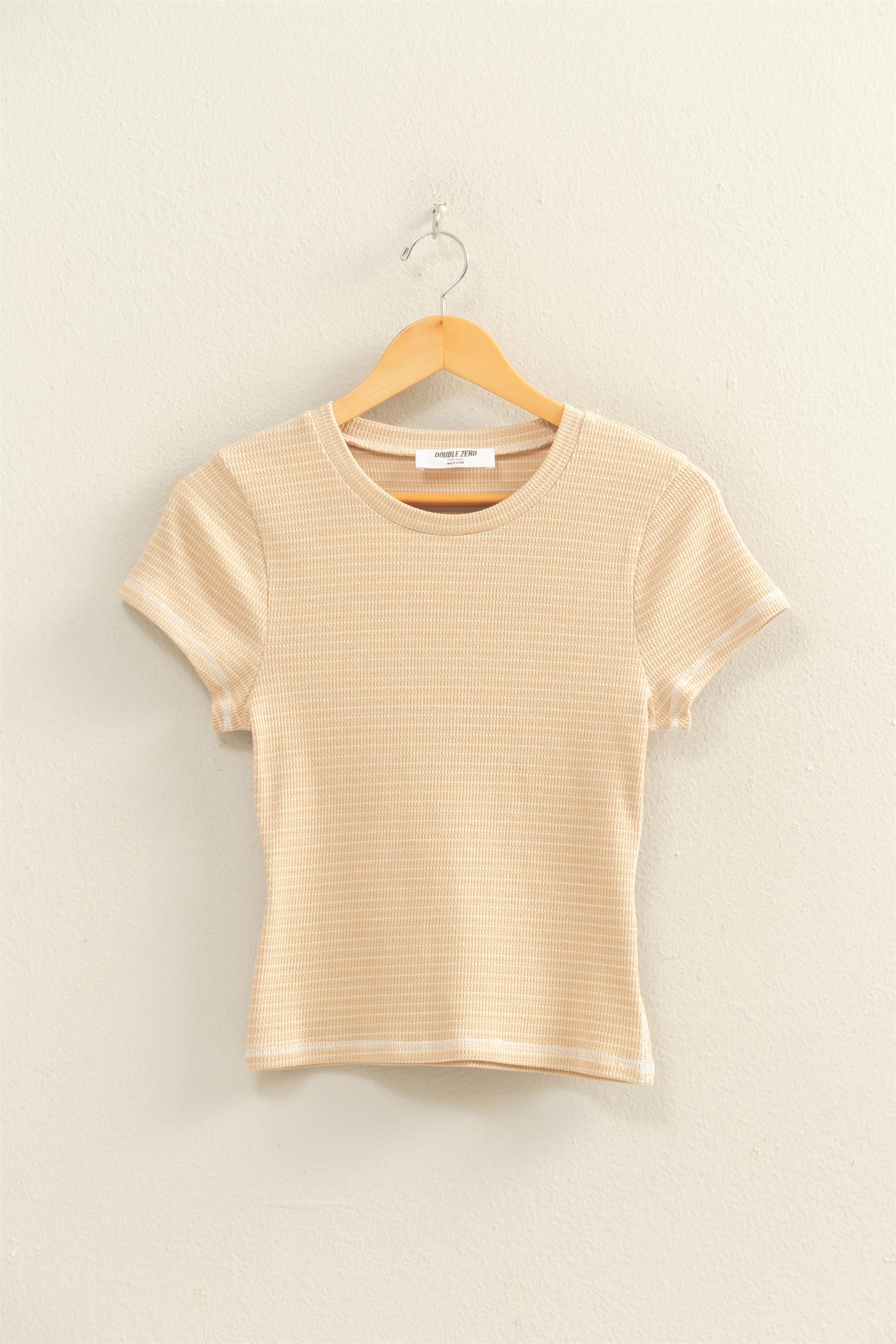 Wholesale Striped Ribbed Crew Neck Top Clothing Tops DZ26C281 TAUPE DOUBLE ZERO
