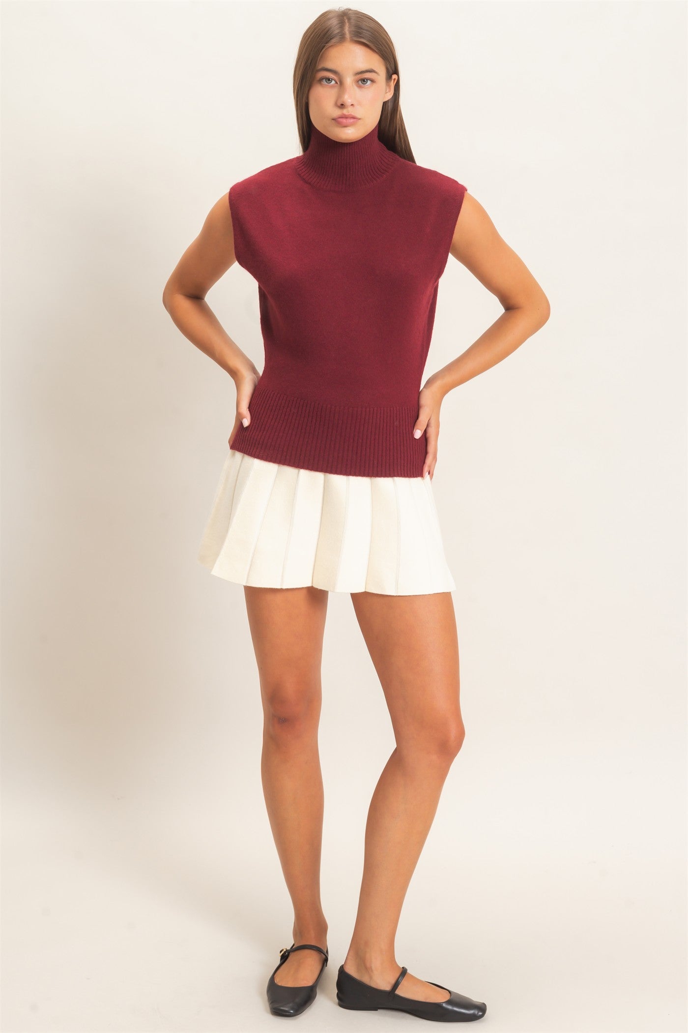 Wholesale Sleeveless High Neck Knit Top Clothing Tops DZ26E946 BURGUNDY DOUBLE ZERO