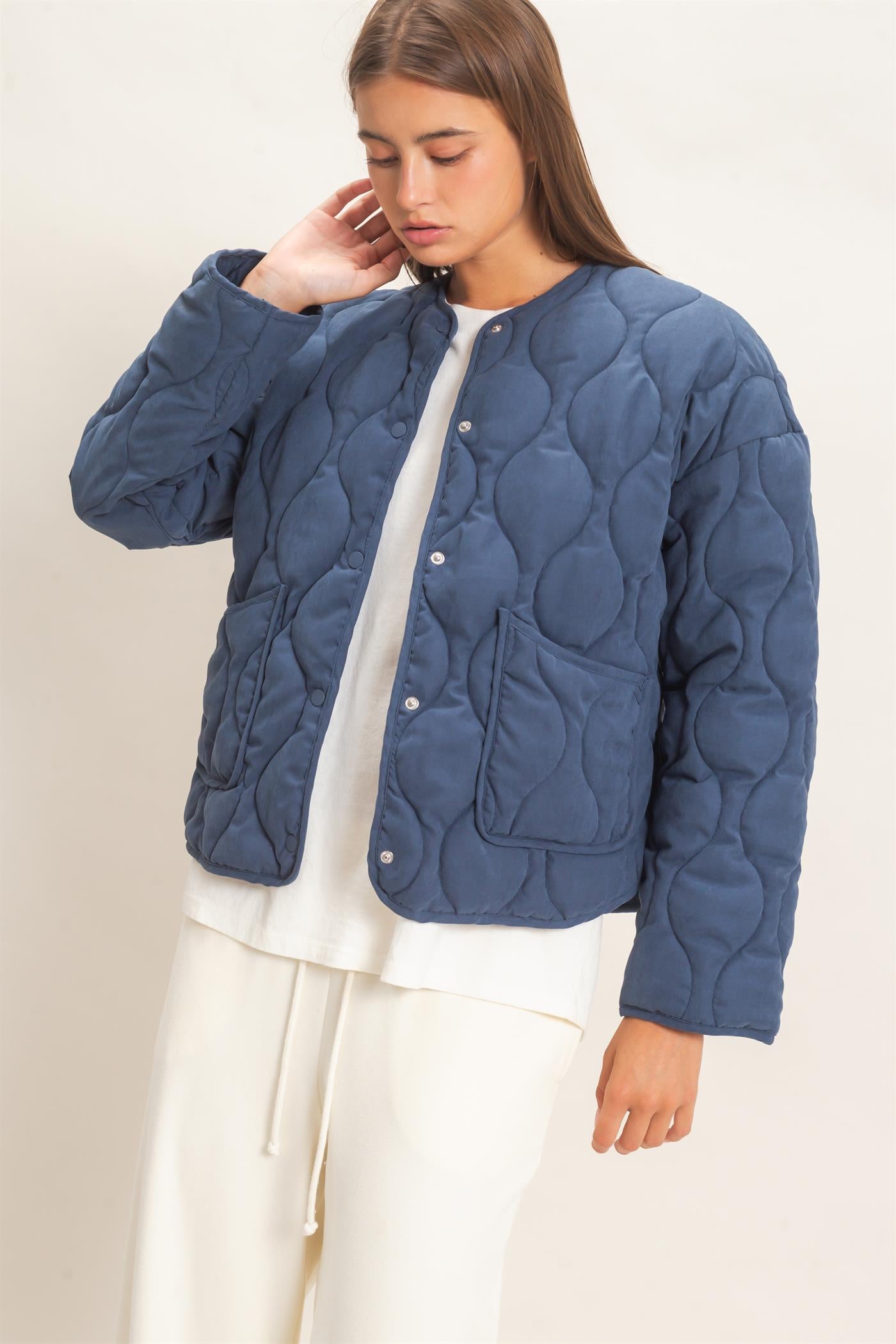 Wholesale Quilted Button Front Jacket Coats & Jackets DZ26F254 NAVY DOUBLE ZERO