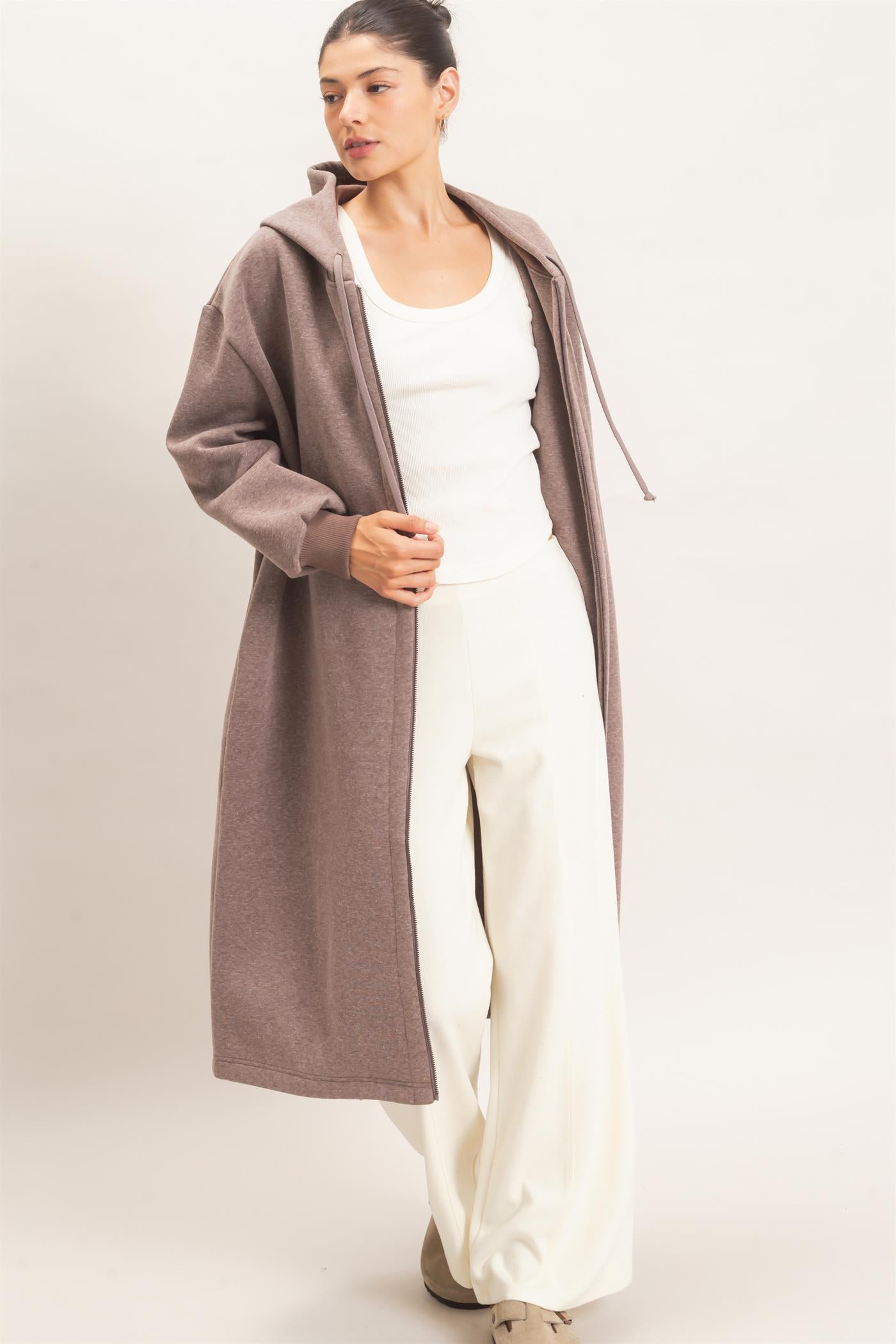 Wholesale Oversized Longline Zip-Up Hoodie Jacket Outerwear HF26E650 WALNUT HYFVE