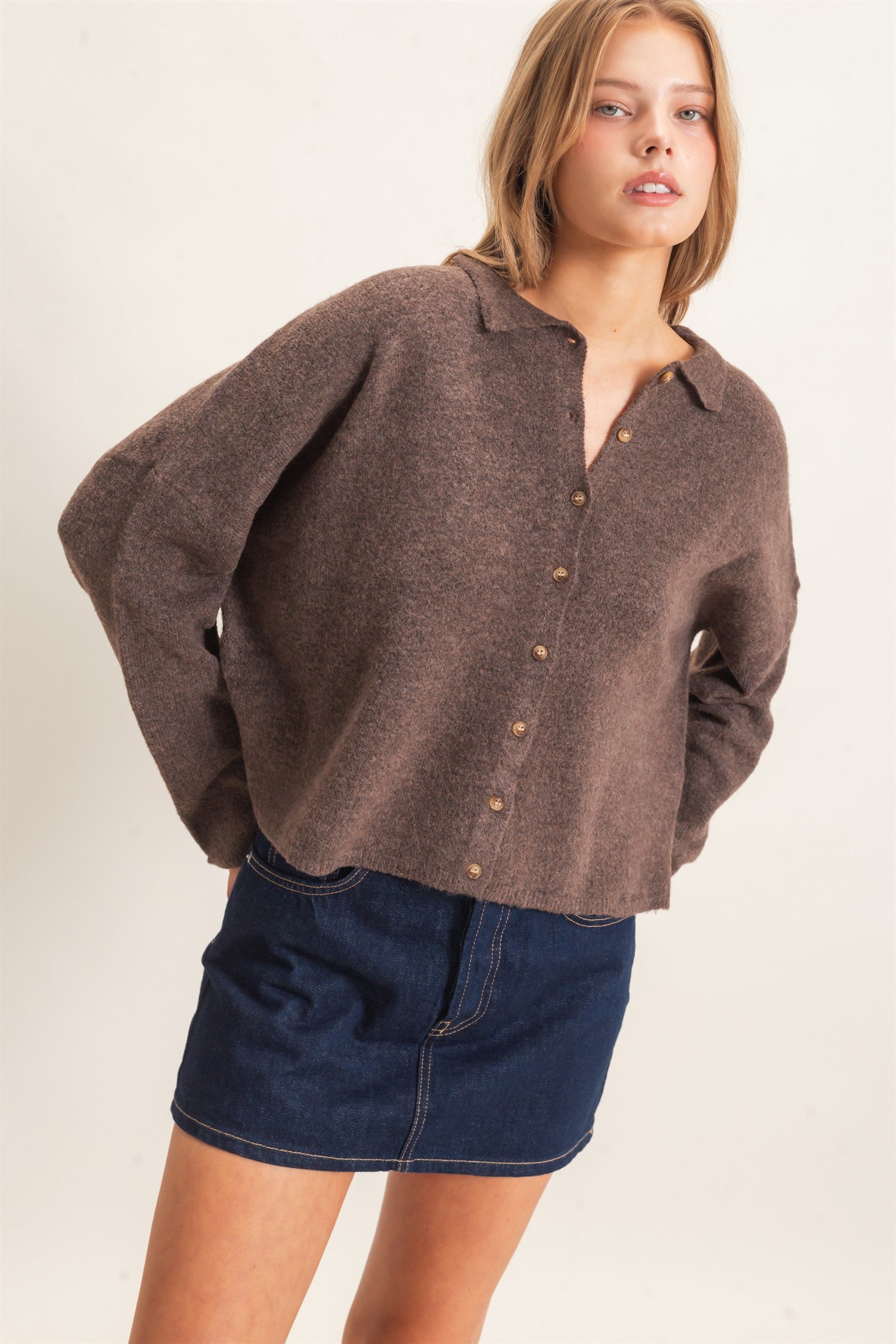Wholesale Button-Up Collared Sweater Cardigan Cardigans HF26E039 BROWN HYFVE