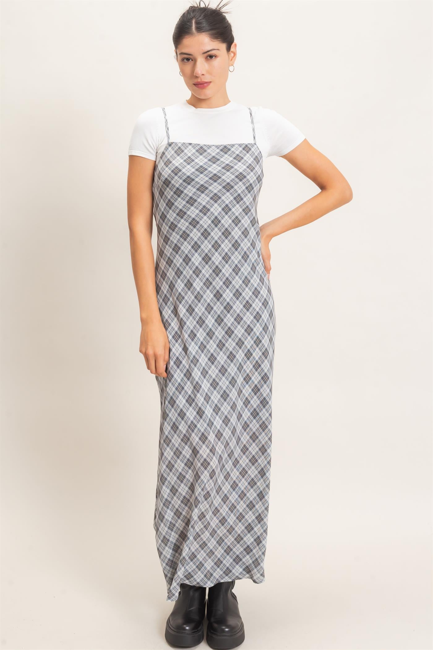 Wholesale Plaid Spaghetti Strap Maxi Dress Dresses HF26E573 GRAY HYFVE