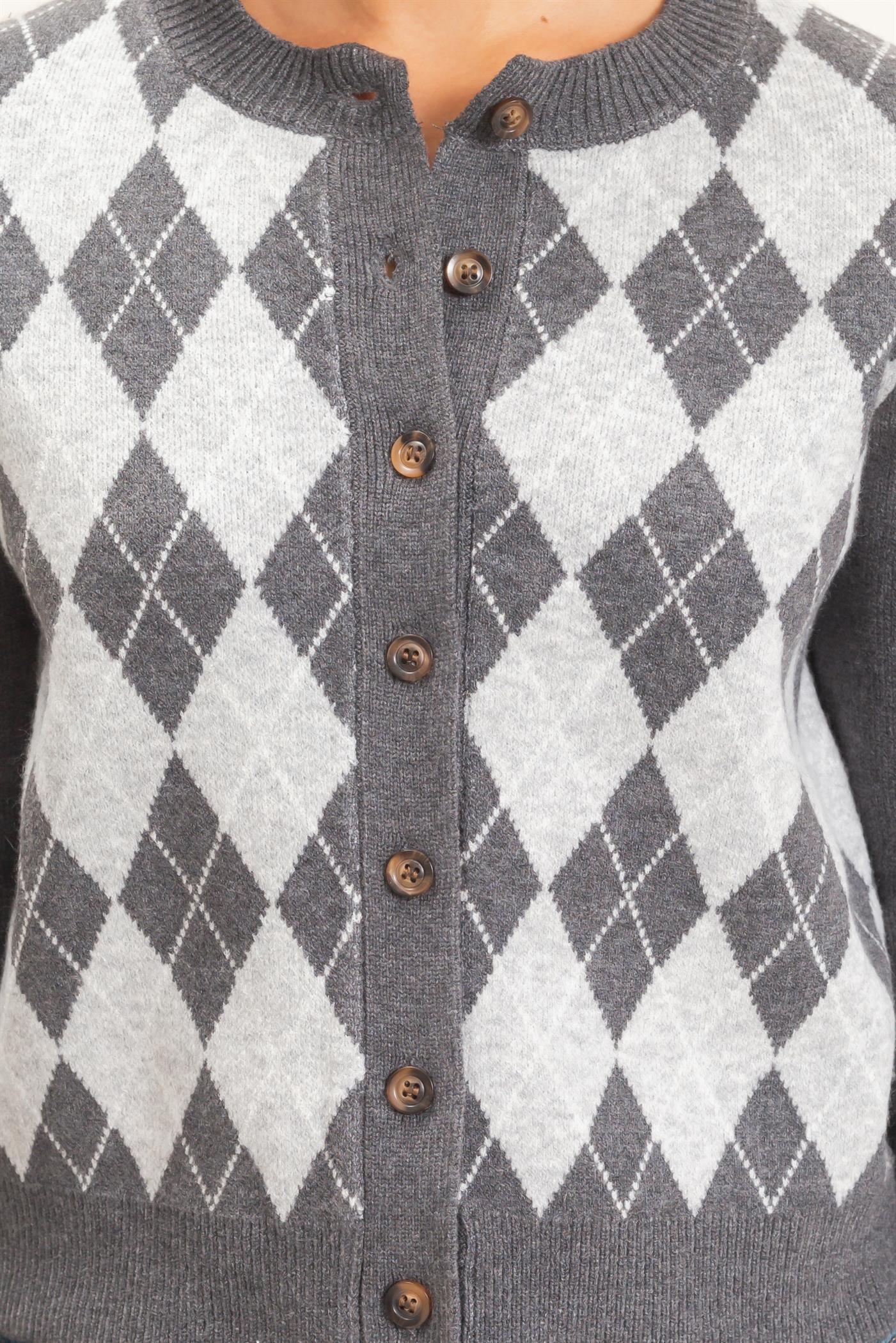 Wholesale Argyle Pattern Cardigan Cardigans DZ26E637 GRAY DOUBLE ZERO