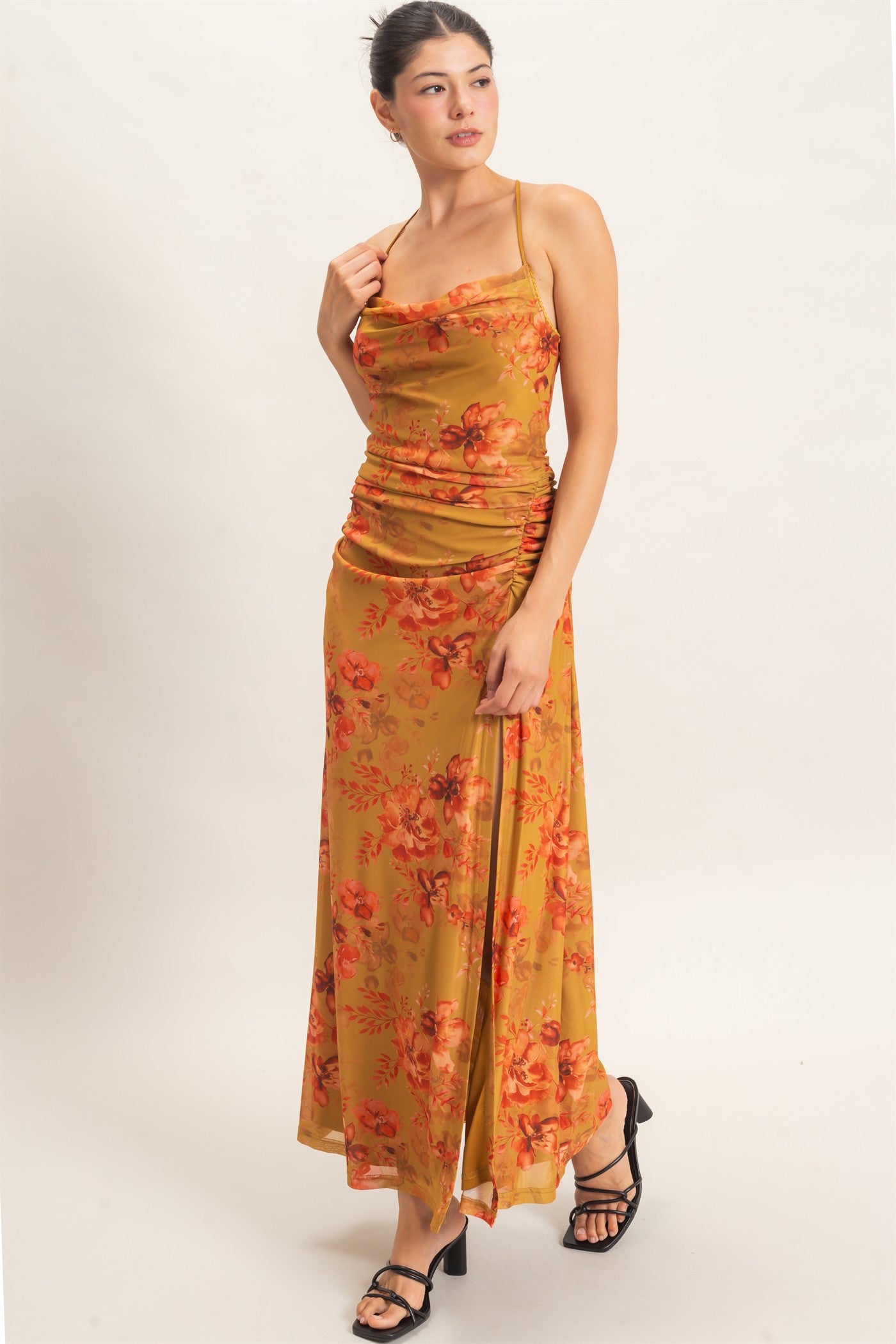 Wholesale Floral Print Spaghetti Strap Dress Dresses HF26E440 MUSTARD HYFVE