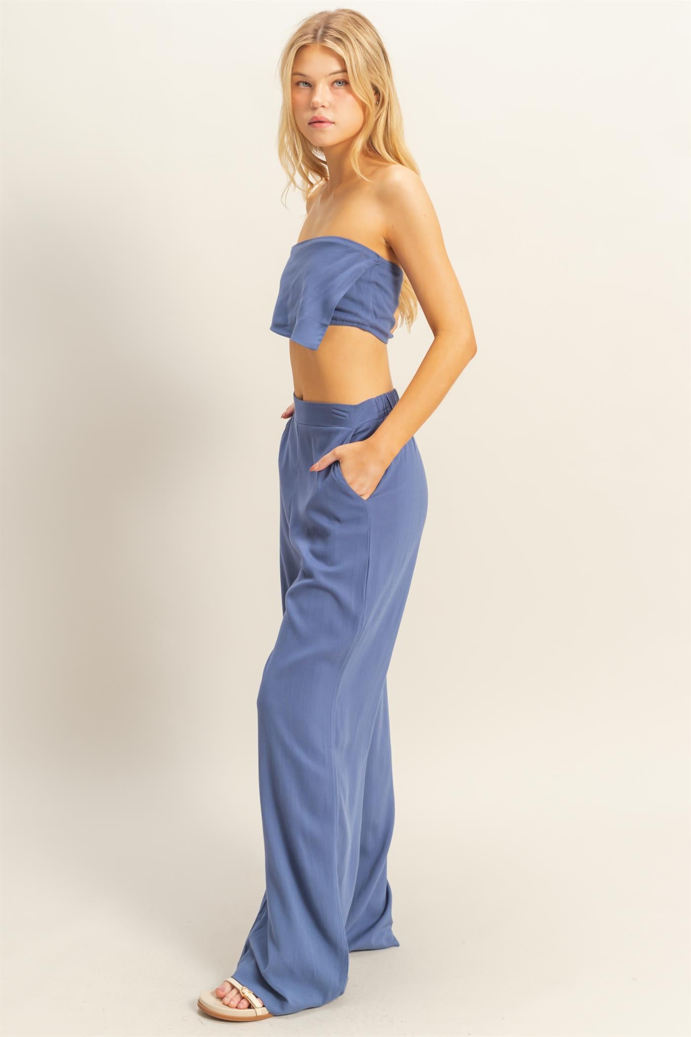 Wholesale Stretch Linen Top And Pants Set Clothing HF25E016-SET NAVY HYFVE