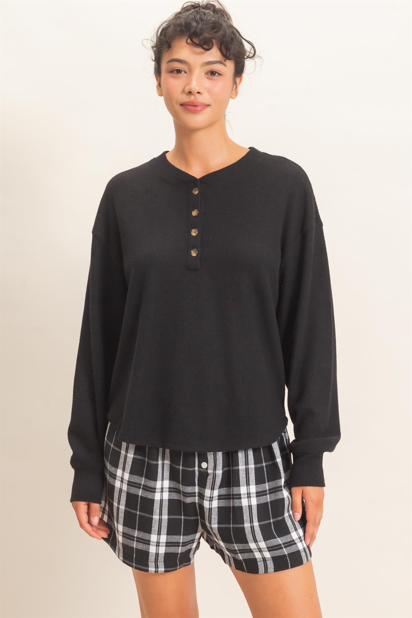 Wholesale Brushed Waffle Henley Top Clothing Tops DZ26F314 BLACK DOUBLE ZERO