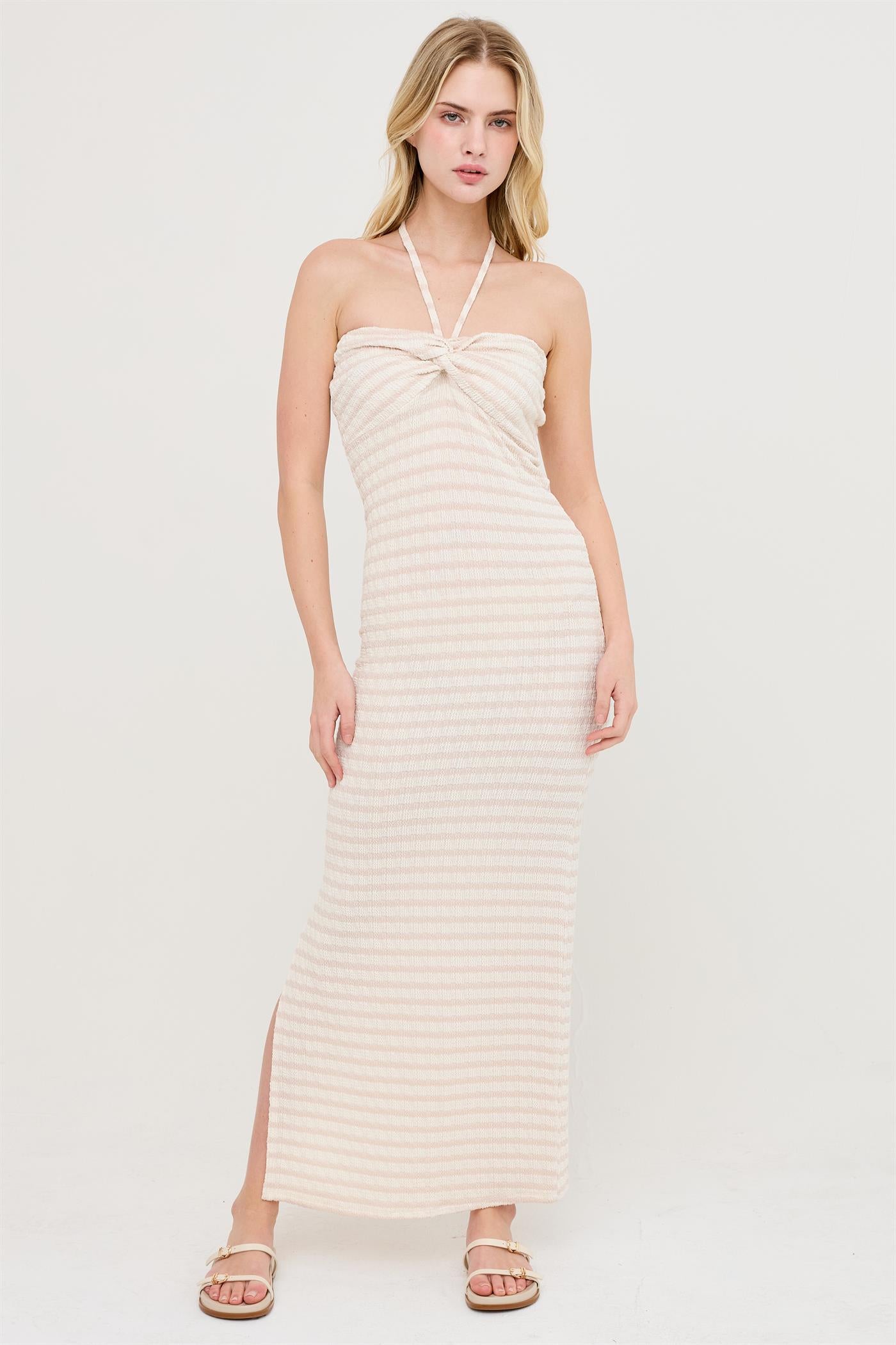 Wholesale Halter Neck Twist Bust Midi Dress Dresses HF26C301 L.TAUPE HYFVE