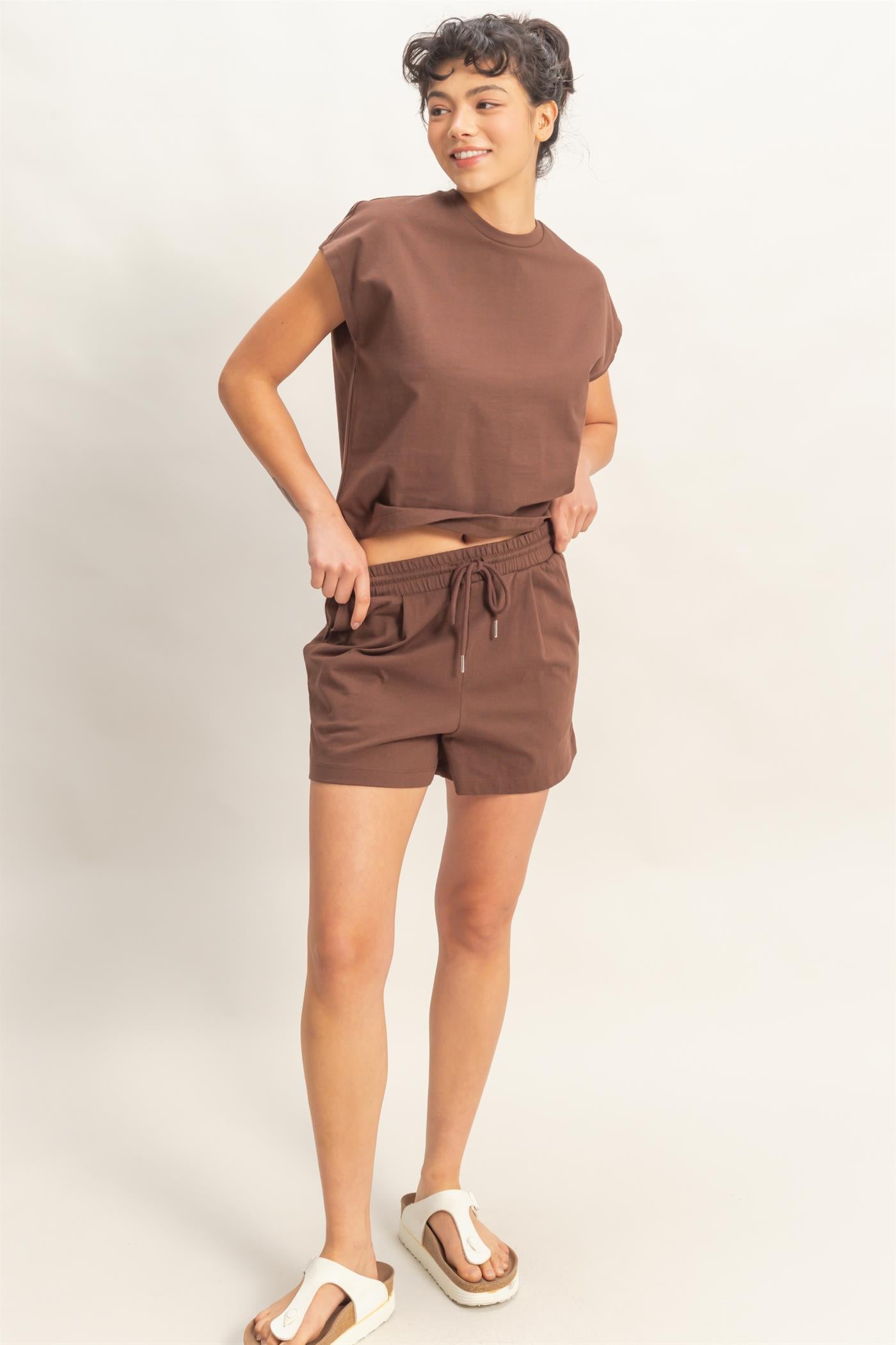Wholesale Cap Sleeve Boxy Top And Shorts Set Clothing DZ26C543-SET CHOCOLATE DOUBLE ZERO