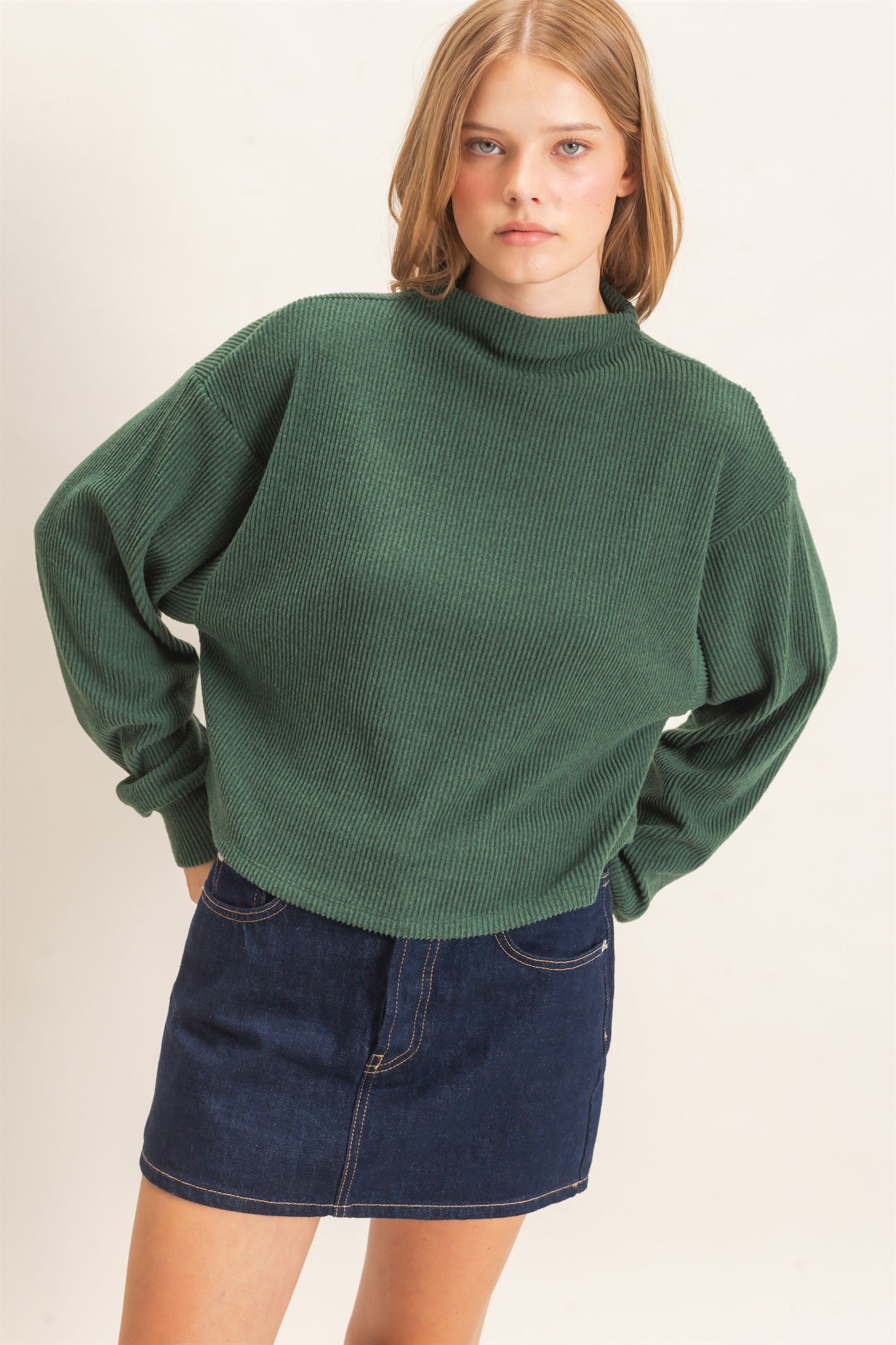Wholesale Ribbed Mock Neck Top Clothing Tops HF26F030 GREEN HYFVE