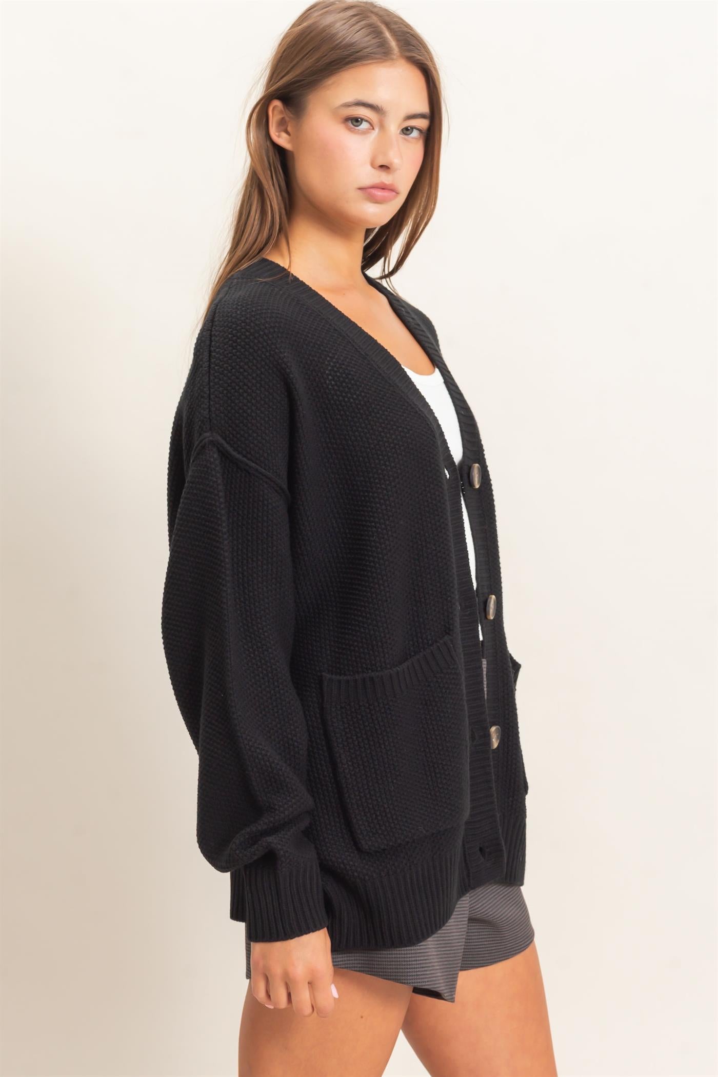 Wholesale Textured Oversized Knit Buttoned Cardigan Cardigans DZ26C971 BLACK DOUBLE ZERO