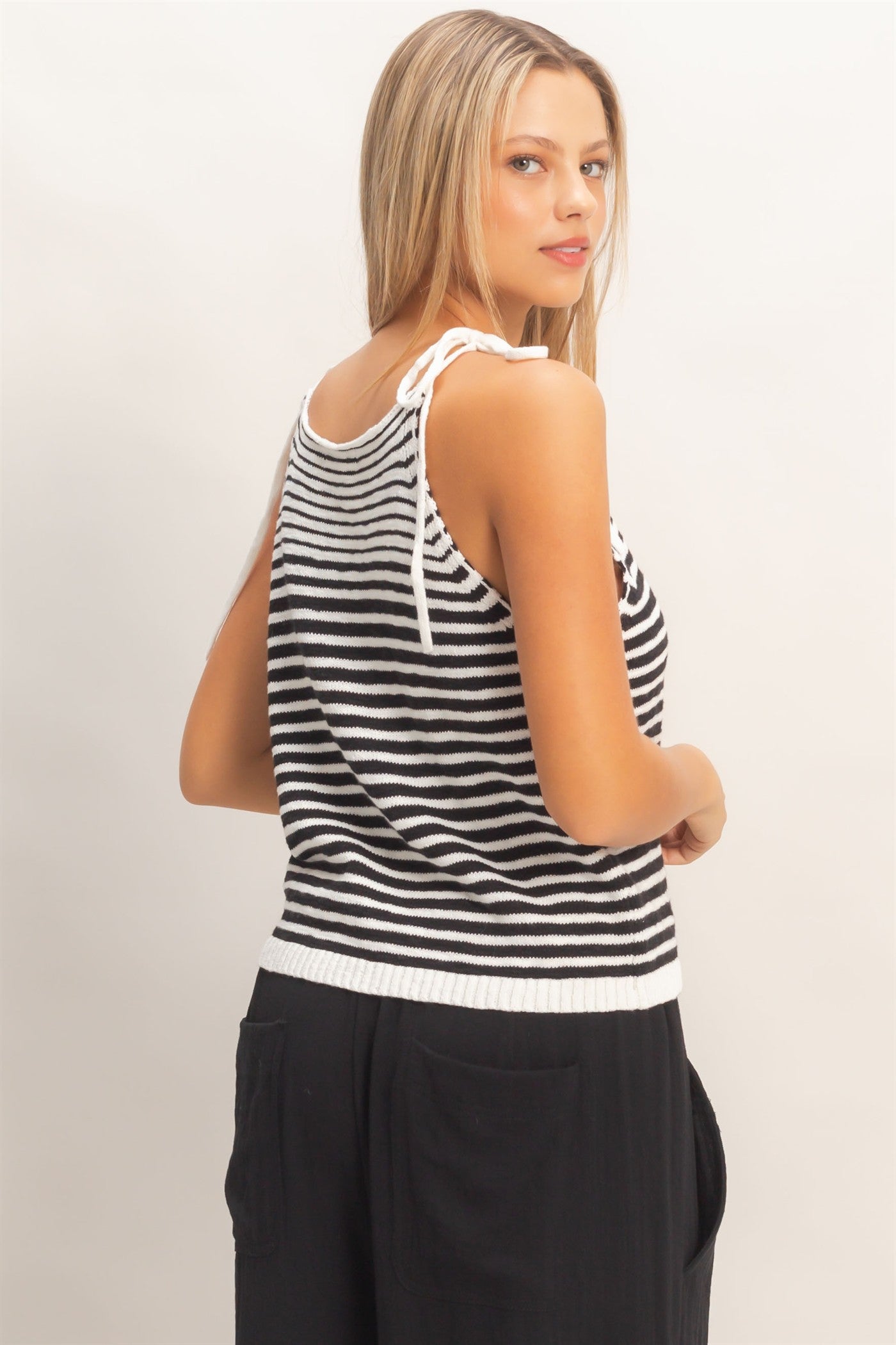 Wholesale Striped Knit Tie-Strap Tank Sweaters HF26A184 OFF WHITE HYFVE
