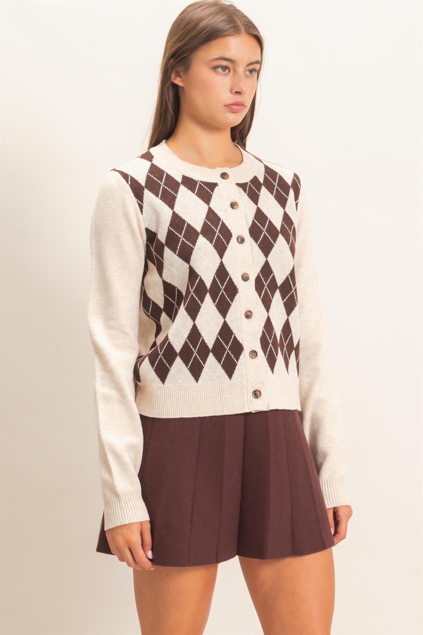 Wholesale Argyle Pattern Cardigan Cardigans DZ26E637 OATMEAL DOUBLE ZERO
