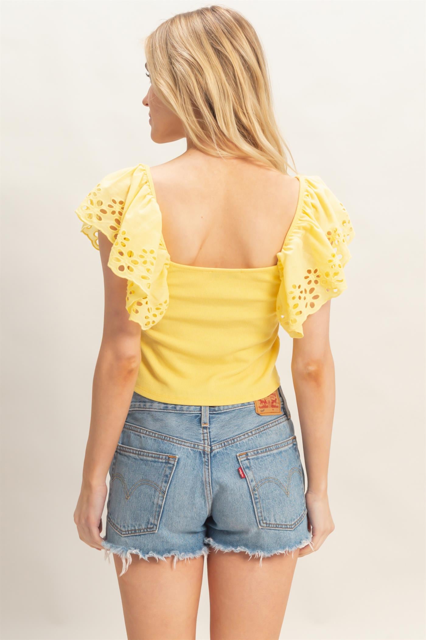 Wholesale Square Neck Eyelet Sleeve Top Clothing Tops HF26A623 YELLOW HYFVE