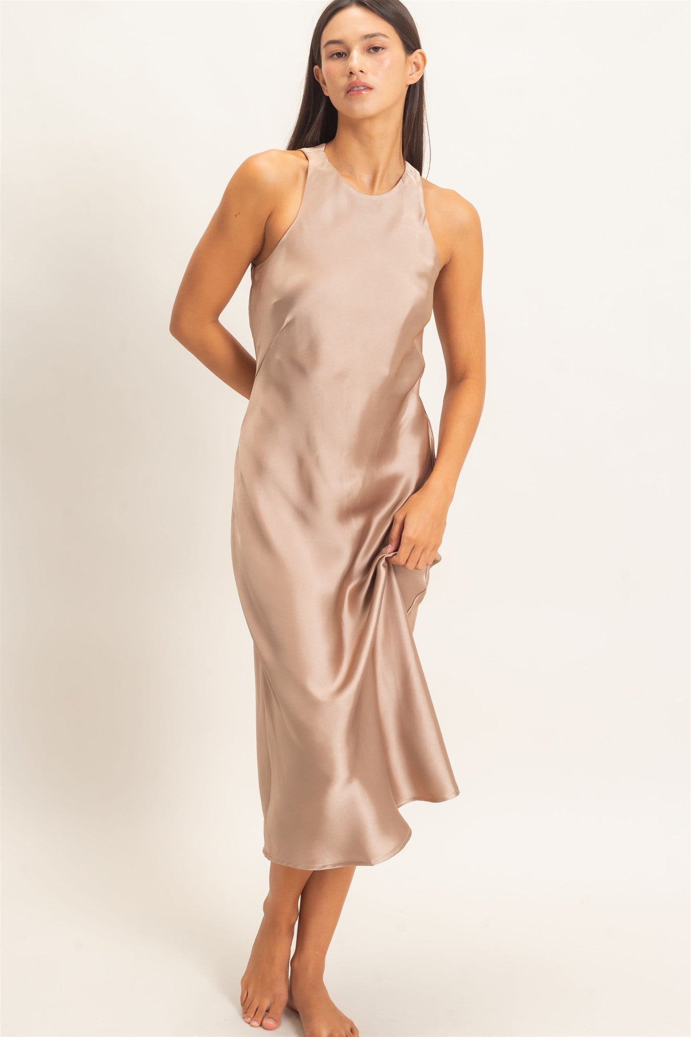 Wholesale Sleeveless Satin Midi Dress Dresses DZ26E257 DARK TAUPE DOUBLE ZERO