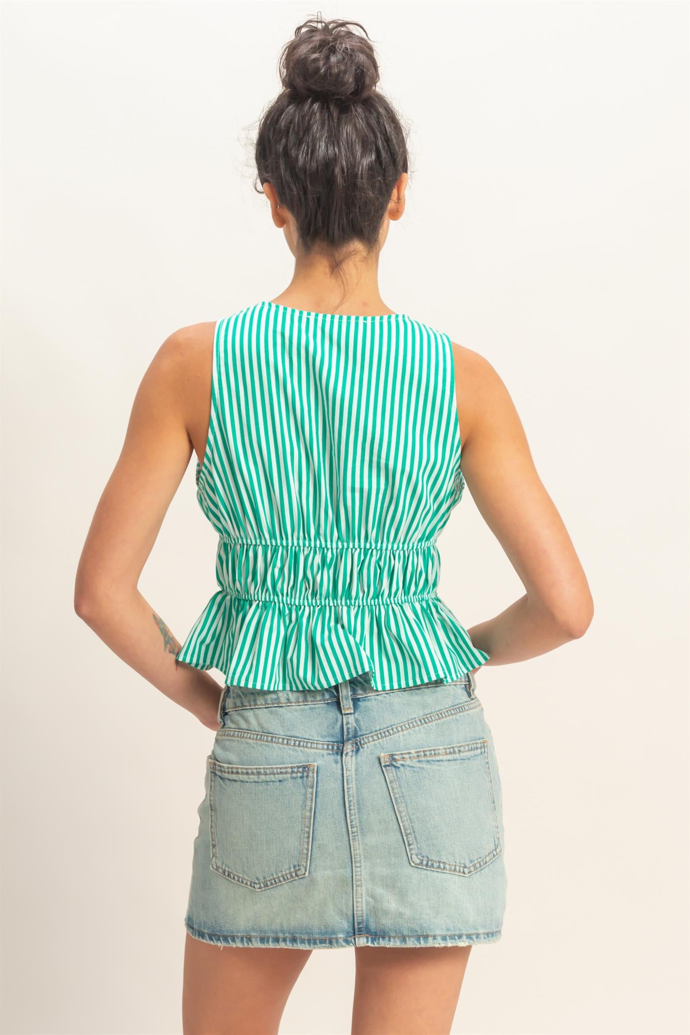 Wholesale Striped Tie Front Peplum Sleeveless Top Clothing Tops DZ26C534 GREEN DOUBLE ZERO