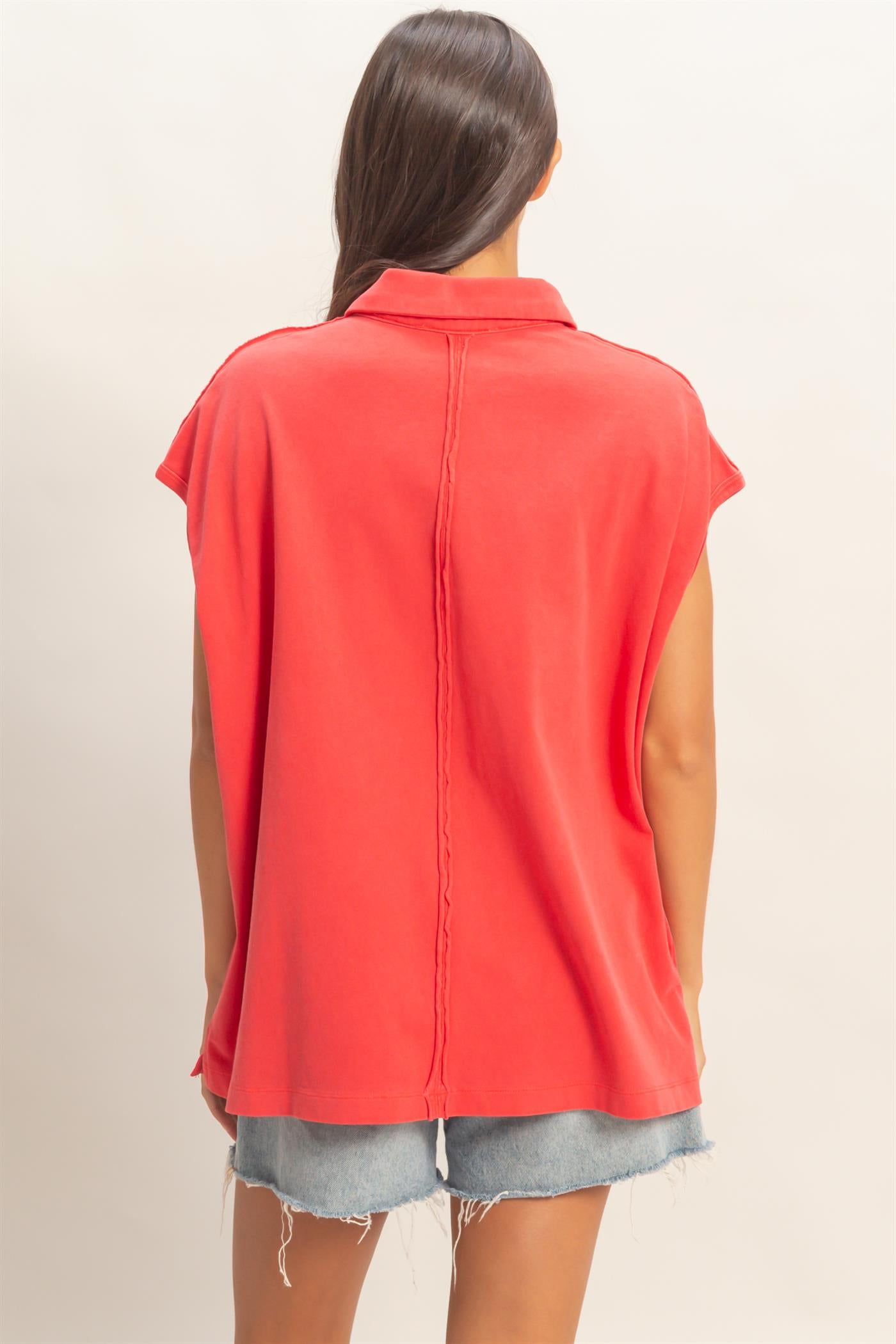 Wholesale Pigment Dye Sleeveless Polo Oversized Top Clothing Tops DZ26C618 RED DOUBLE ZERO