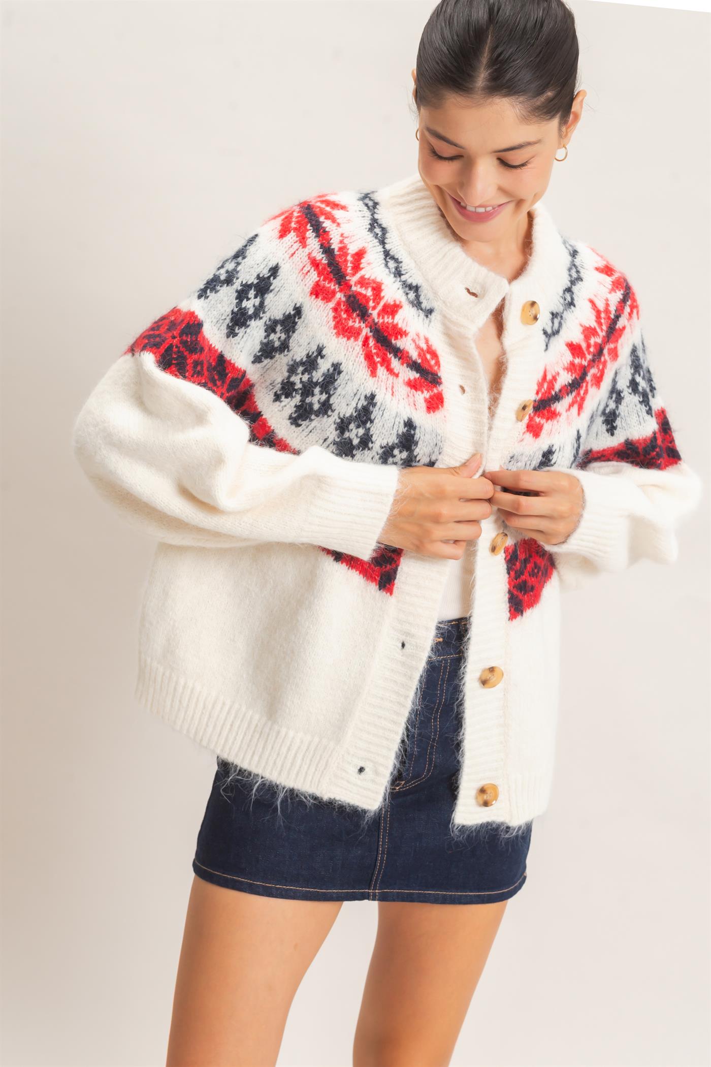 Wholesale Fair Isle Button-Front Cardigan Cardigans HF26E918 CREAM HYFVE