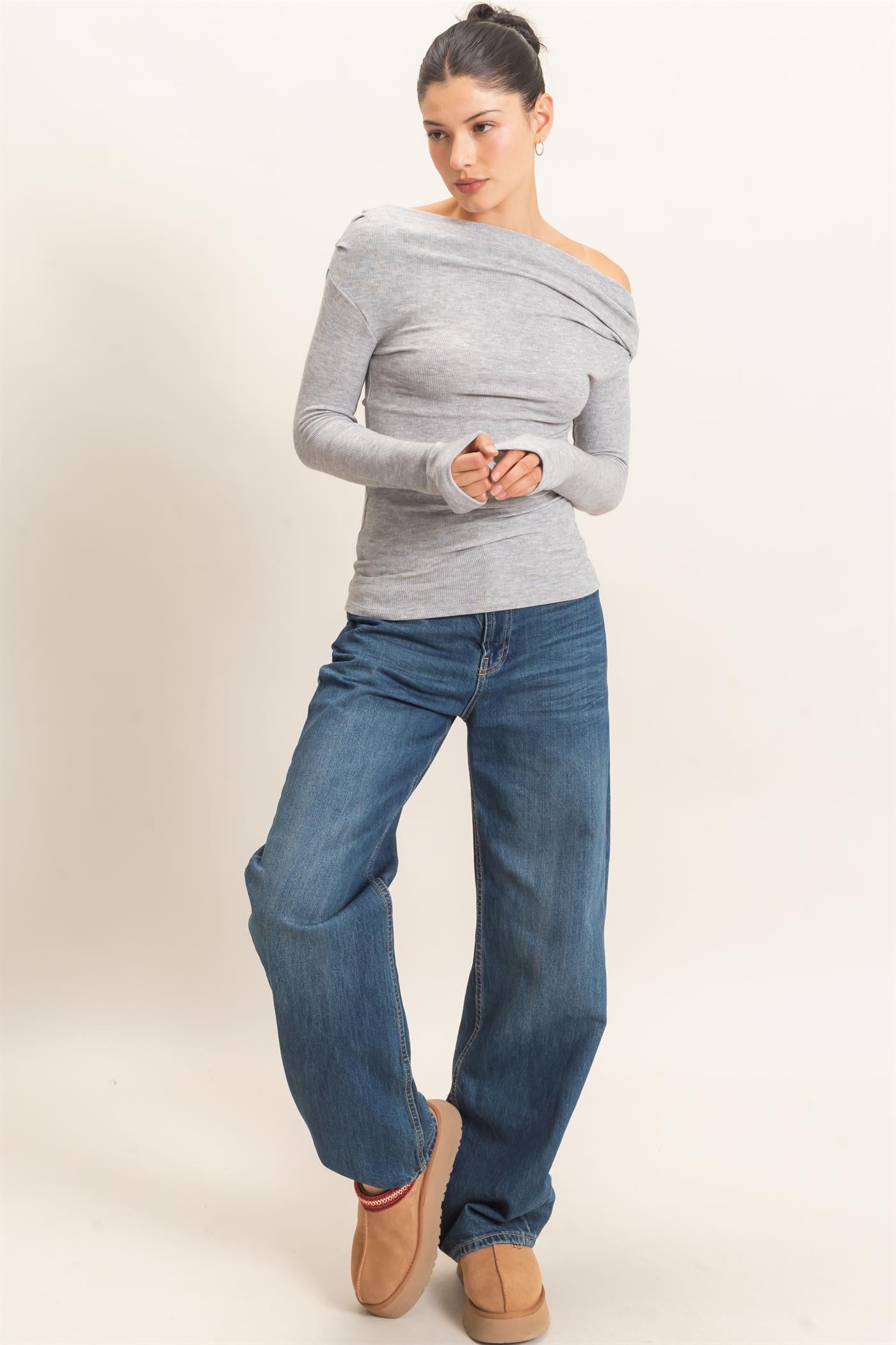 Wholesale Asymmetrical Off-Shoulder Top Clothing Tops HF26E377 HEATHER GRAY HYFVE