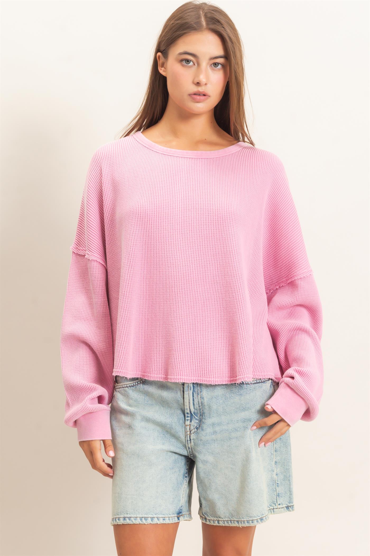 Wholesale Mineral Wash Waffle Oversized Top Clothing Tops DZ26E248 PINK DOUBLE ZERO