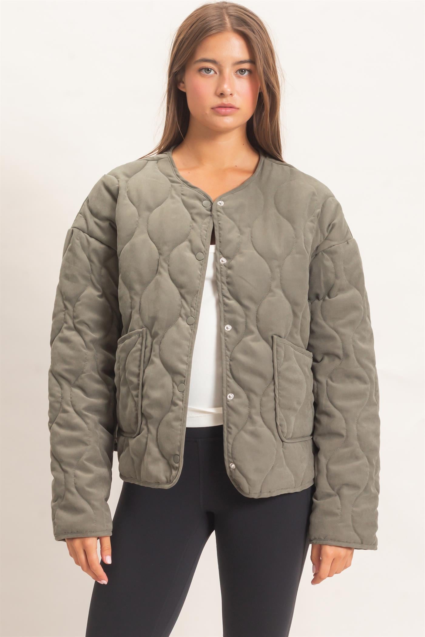 Wholesale Quilted Button Front Jacket Coats & Jackets DZ26F254 OLIVE DOUBLE ZERO