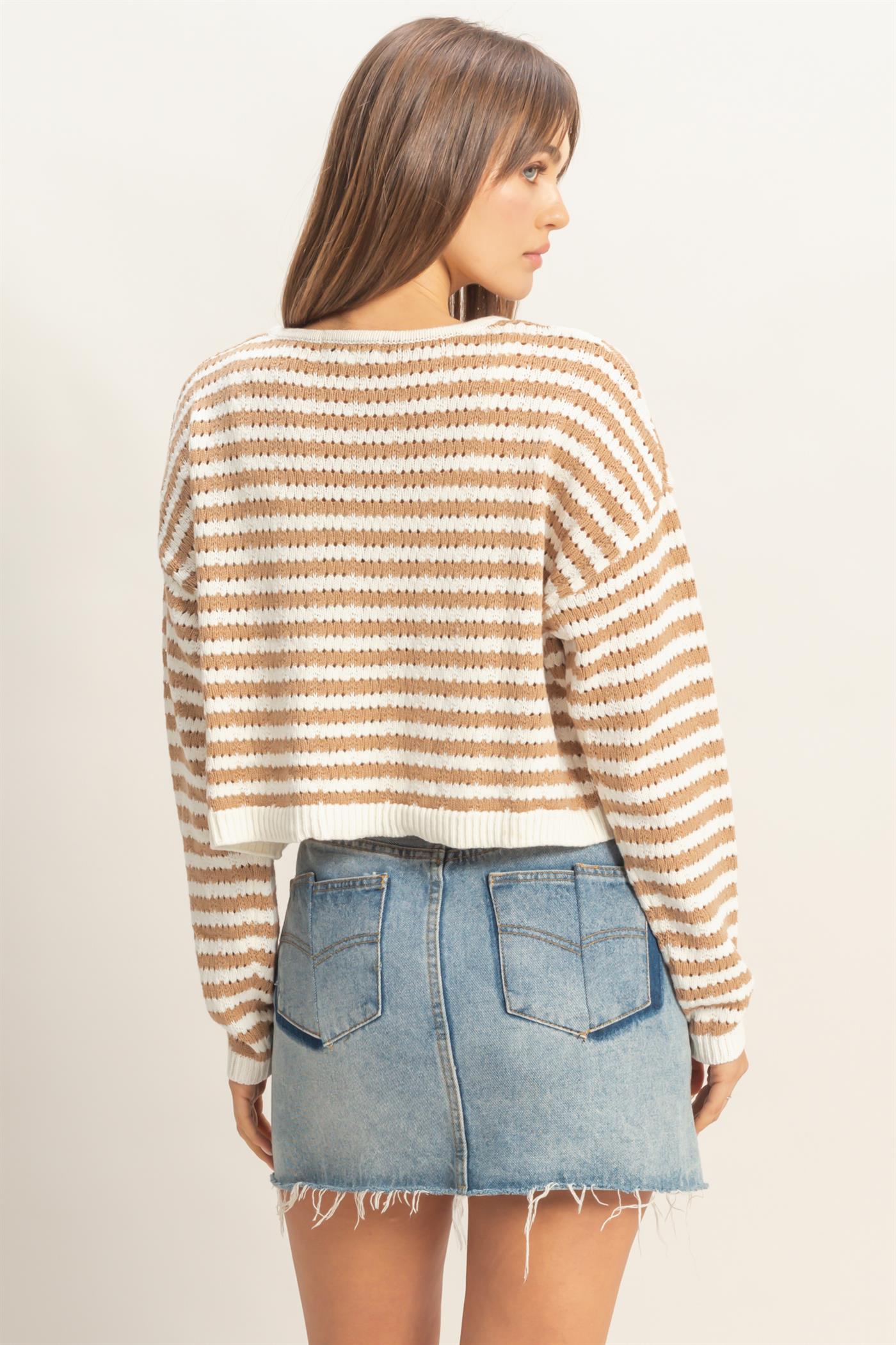Wholesale Striped V-Neck Cardigan Cardigans HF26A174 TAUPE HYFVE