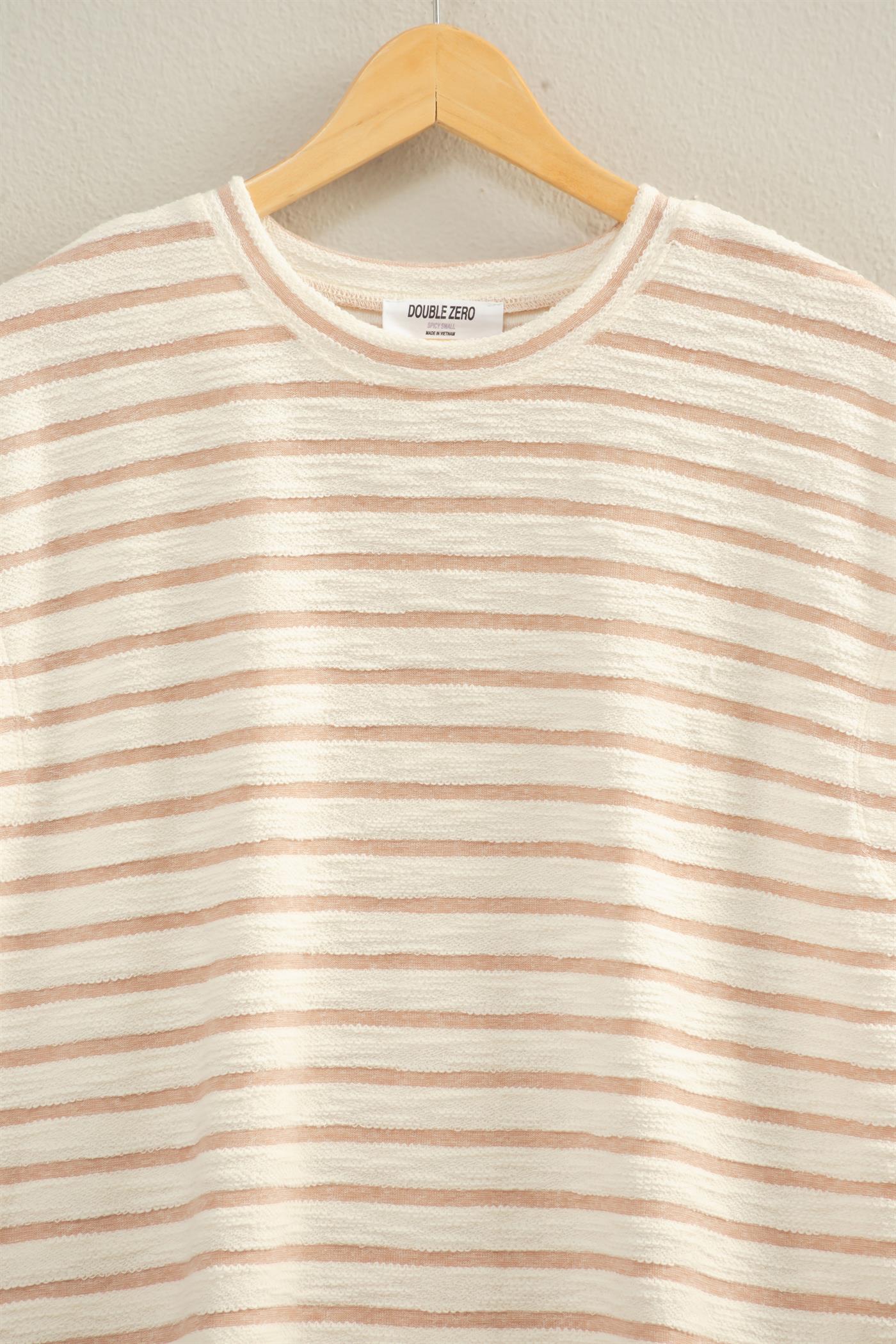 Wholesale Striped Round Neck Short Sleeve Top Clothing Tops DZ26A754 TAUPE DOUBLE ZERO