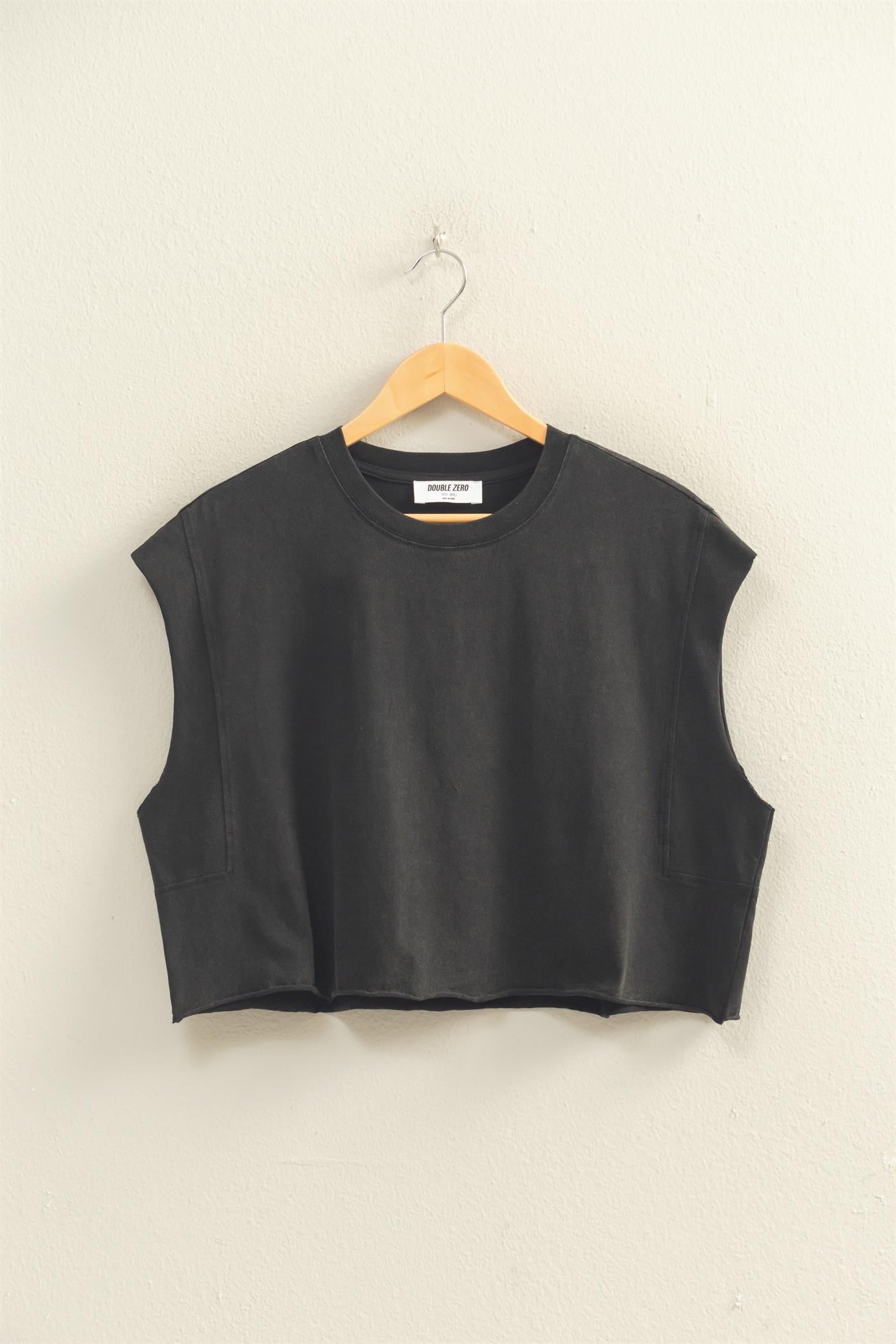 Wholesale Crew Neck Boxy Sleeveless Cropped Top Clothing Tops DZ26A224 BLACK DOUBLE ZERO