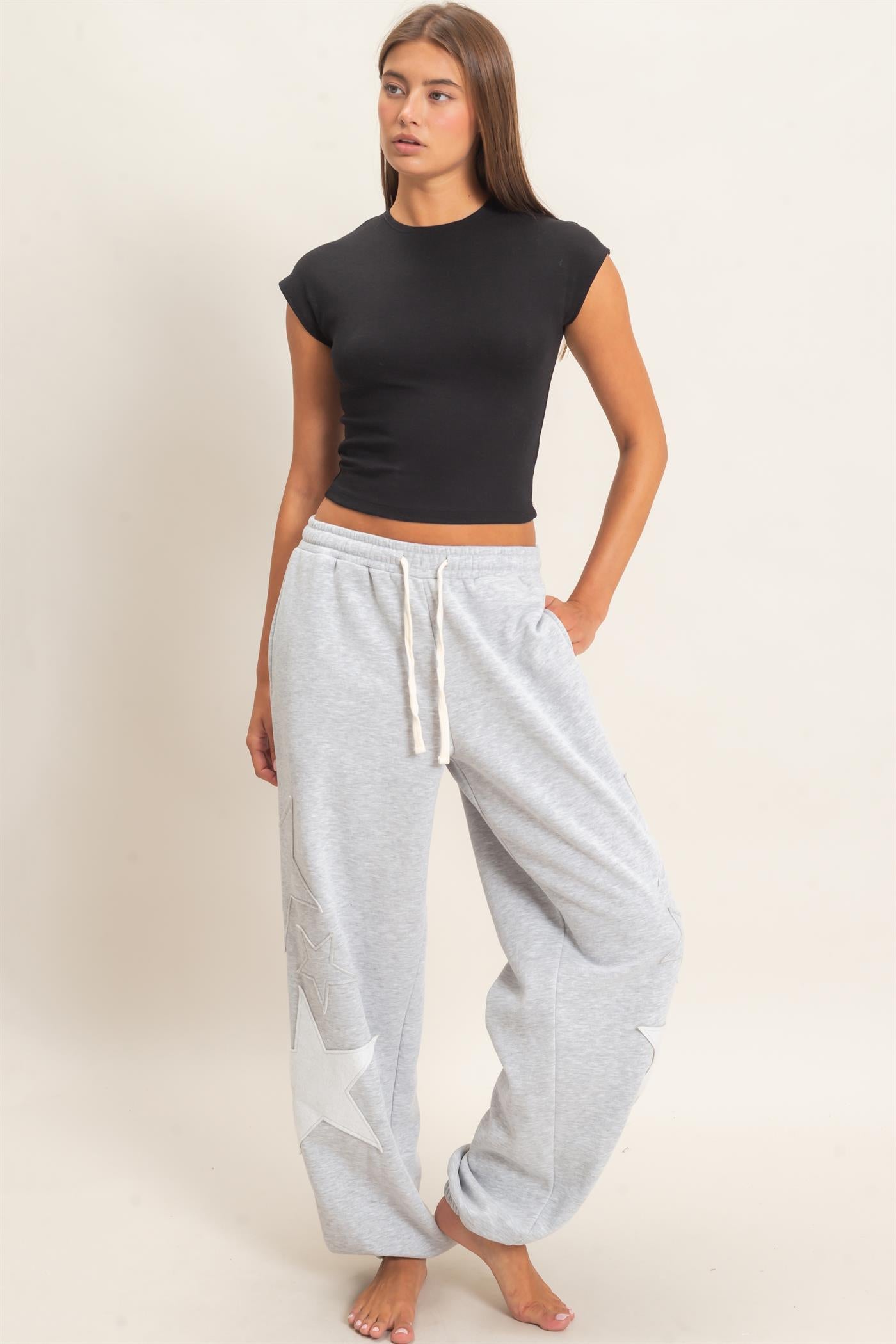 Wholesale Star Patch Jogger Pants Joggers DZ26E889 HEATHER GRAY DOUBLE ZERO