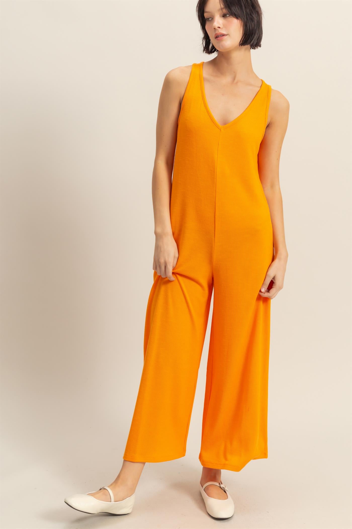 Wholesale V-Neck Sleeveless Wide Leg Jumpsuit Clothing DZ25C805 ORANGE DOUBLE ZERO