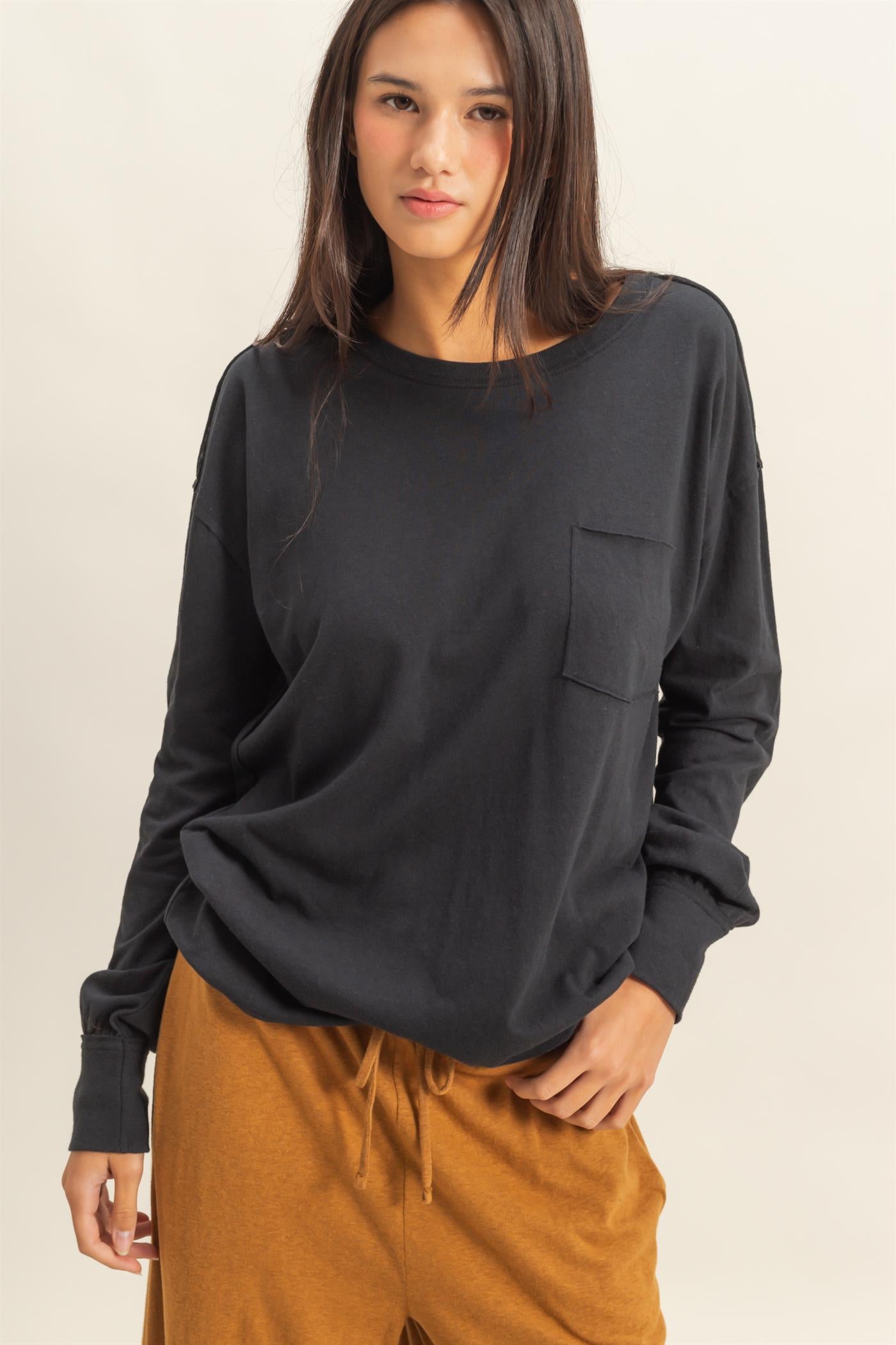 Wholesale Long Sleeve Pocket T-Shirt Clothing Tops DZ23G149 BLACK DOUBLE ZERO