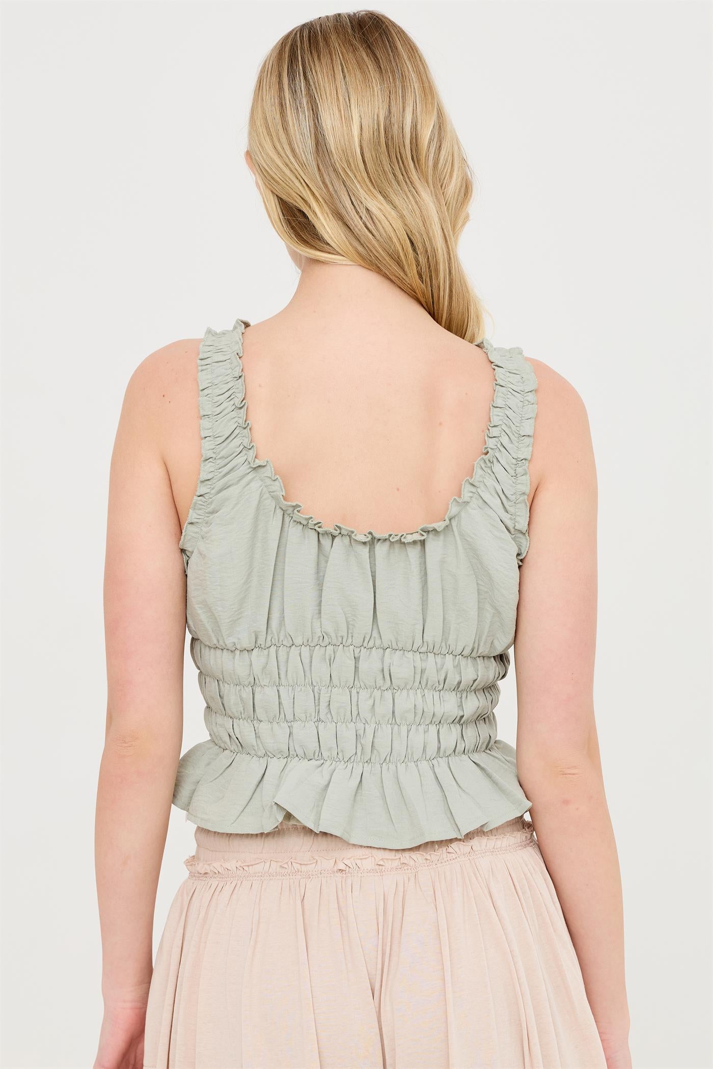 Wholesale Ruched Square Neck Smocked Top Clothing Tops HF26E388-D SAGE HYFVE