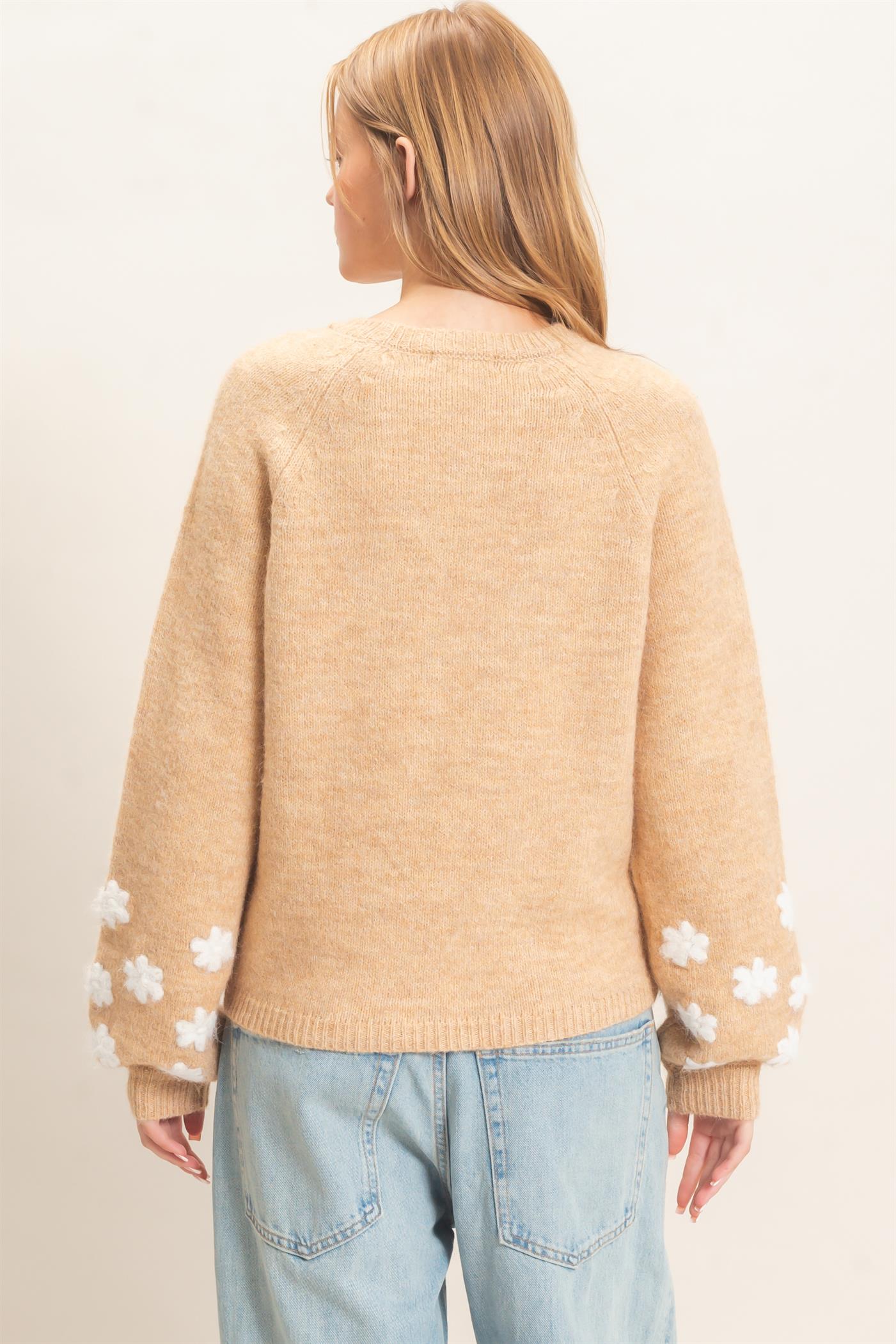 Wholesale Floral Applique Raglan Sleeve Sweater Sweaters HF26E808 BEIGE HYFVE