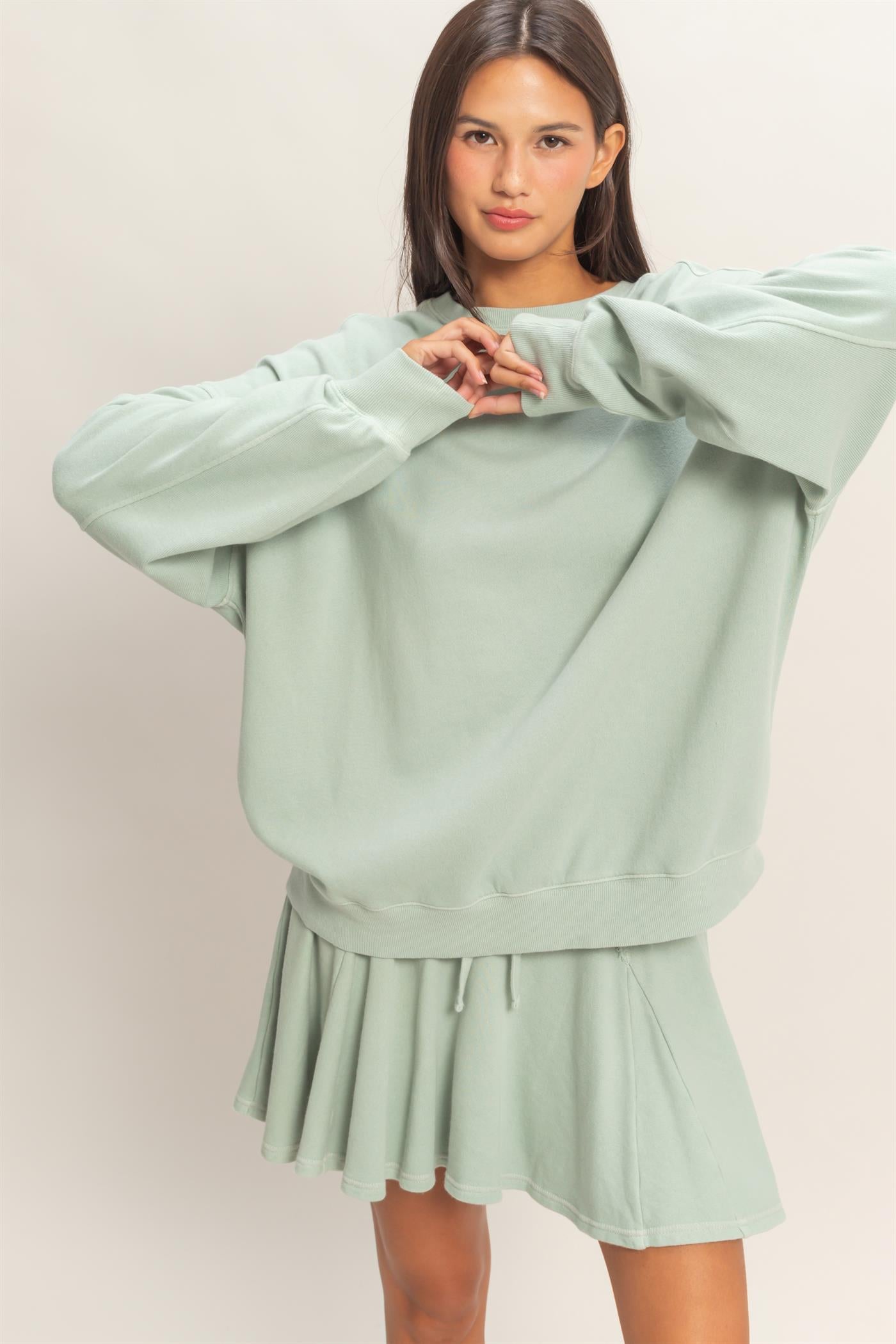 Wholesale Acid Wash Oversized Sweatshirt Sweatshirts DZ26A984 SAGE GREEN DOUBLE ZERO