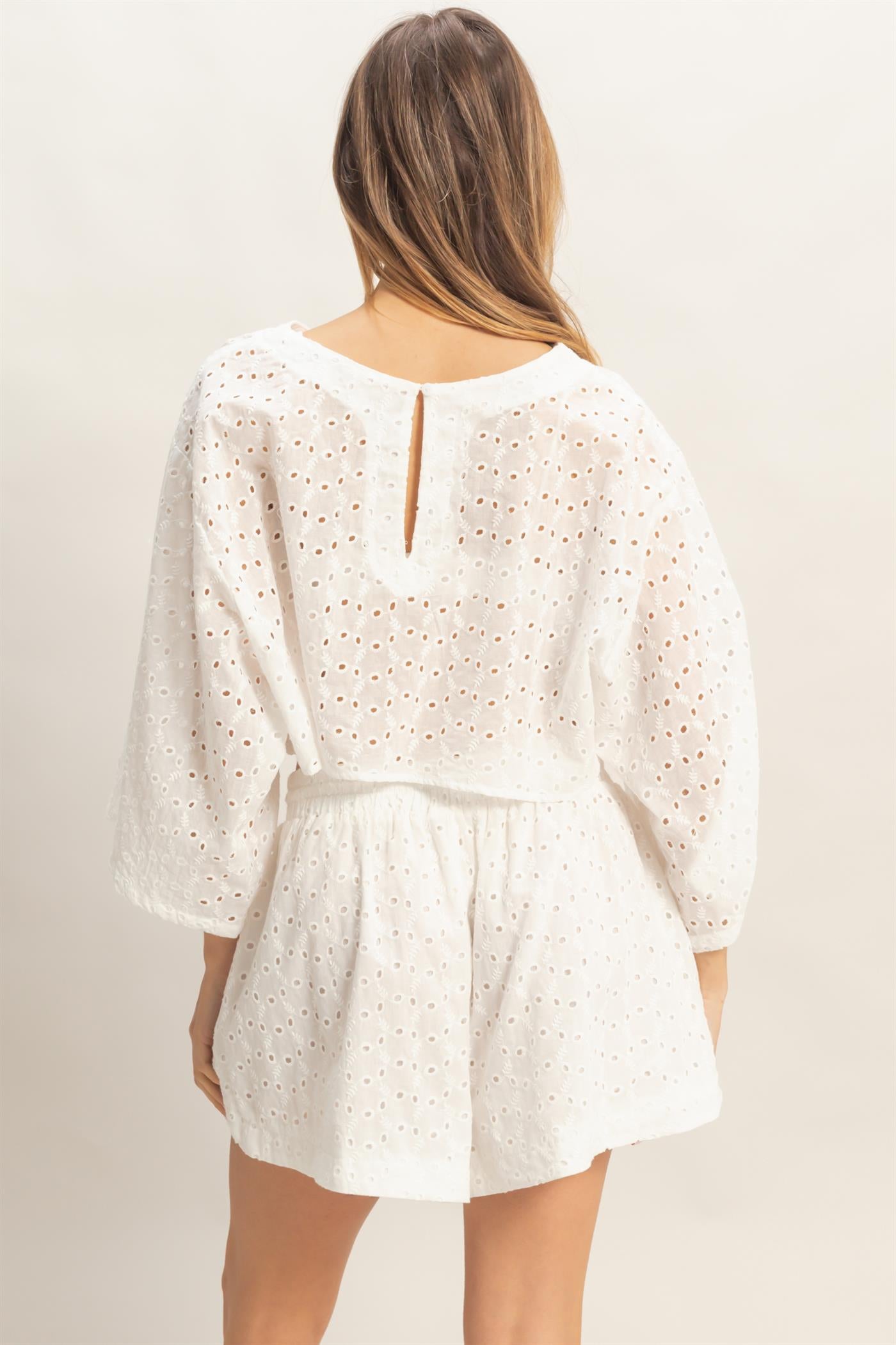Wholesale Eyelet Long Sleeve Top & Shorts Set Clothing HF26A066-SET WHITE HYFVE
