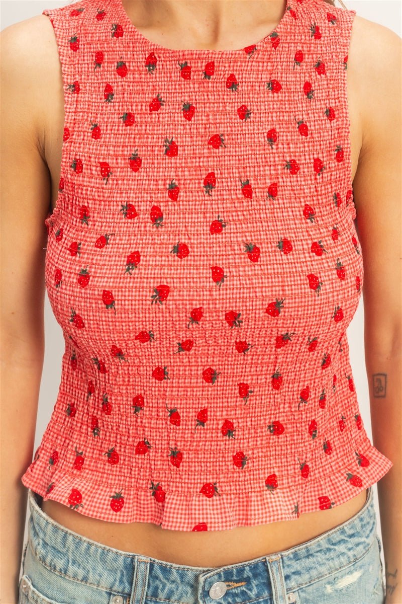 Wholesale Strawberry Print Gingham Smocked Sleeveless Top Clothing Tops HF26E707 RED HYFVE