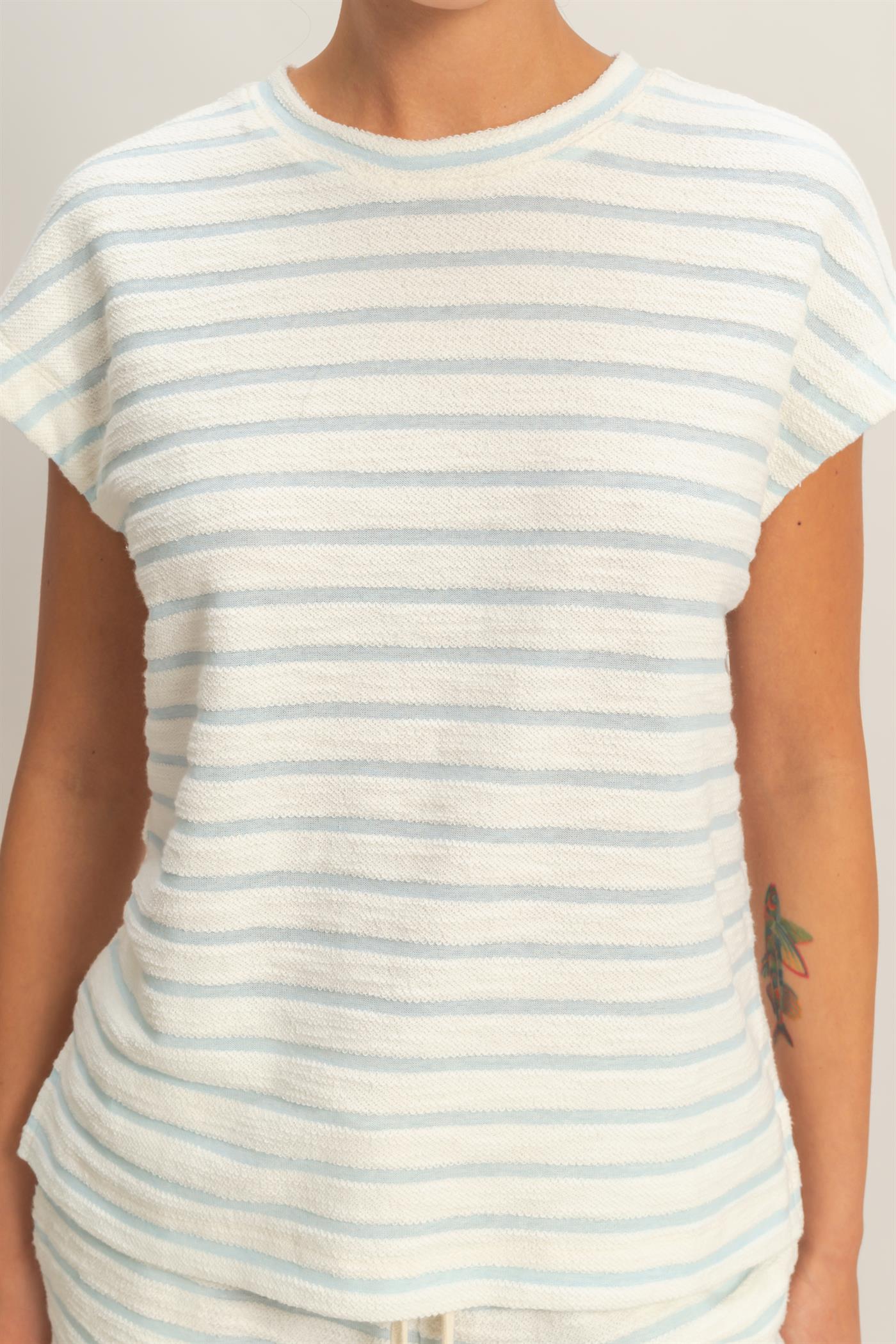 Wholesale Striped Round Neck Short Sleeve Top Clothing Tops DZ26A754 BABY BLUE DOUBLE ZERO