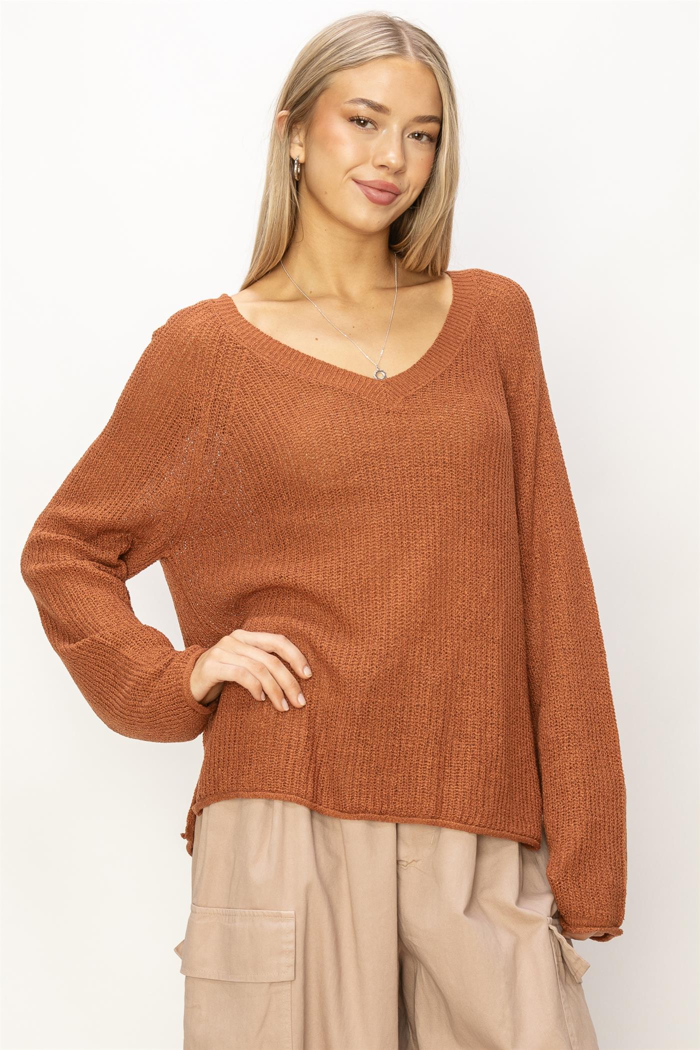 Wholesale Long Sleeve Oversized Sweater Clothing Tops DZ24A852 BAKED CLAY DOUBLE ZERO