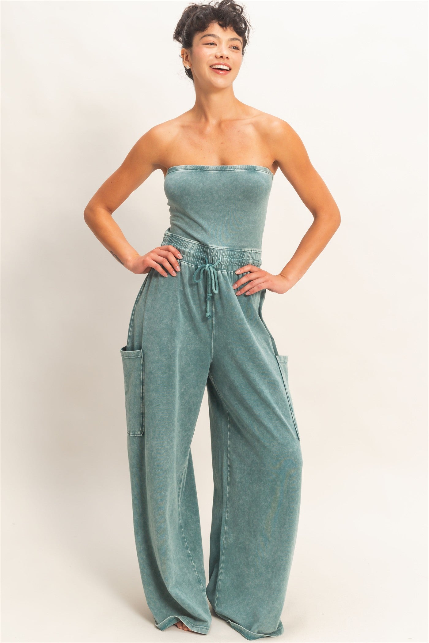 Wholesale Mineral Wash Strapless Wide-Leg Jumpsuit Clothing DZ26C376 DARK TEAL DOUBLE ZERO