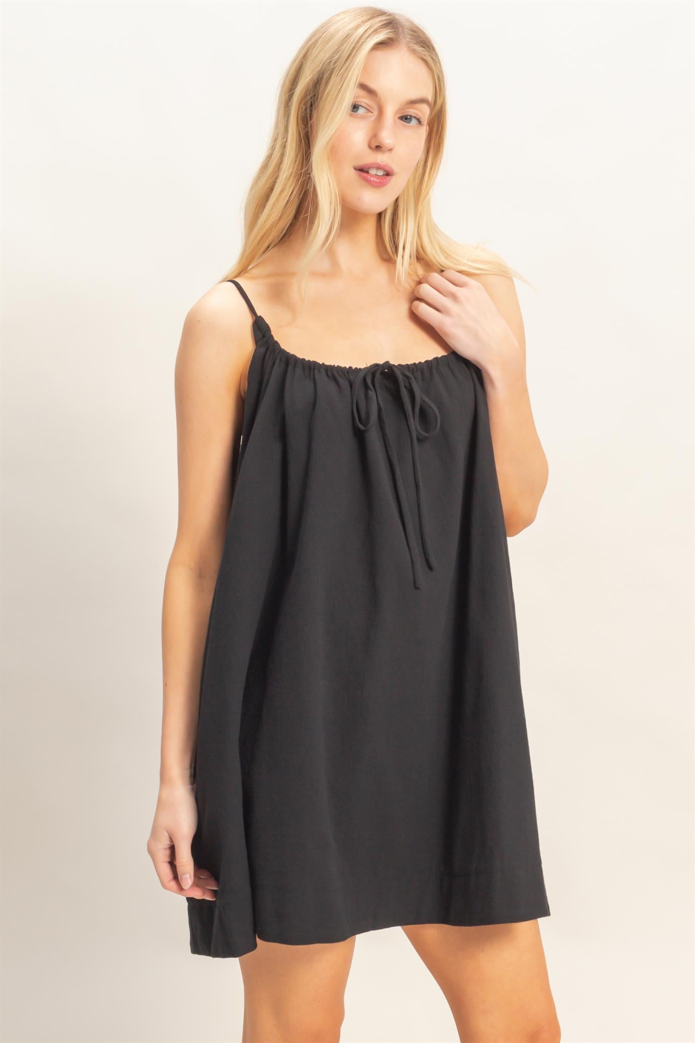 Wholesale Gathered Tie Strap Dress Dresses HF26A237 BLACK HYFVE